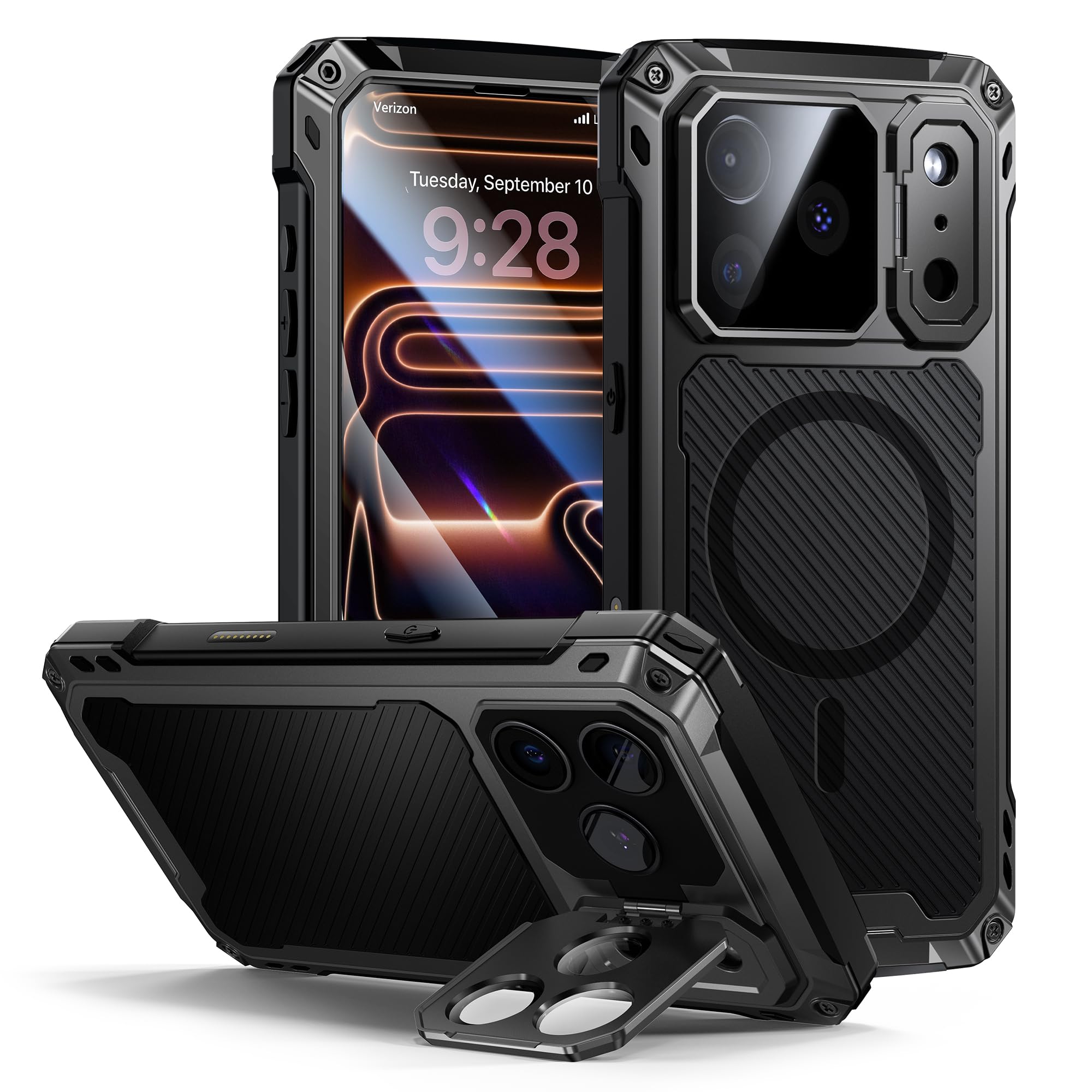 Lanhiem for iPhone 17 Pro Max Metal Case with Kickstand, Compatible with MagSafe, Built in Tempered Glass Screen Protector, Heavy Duty Shockproof