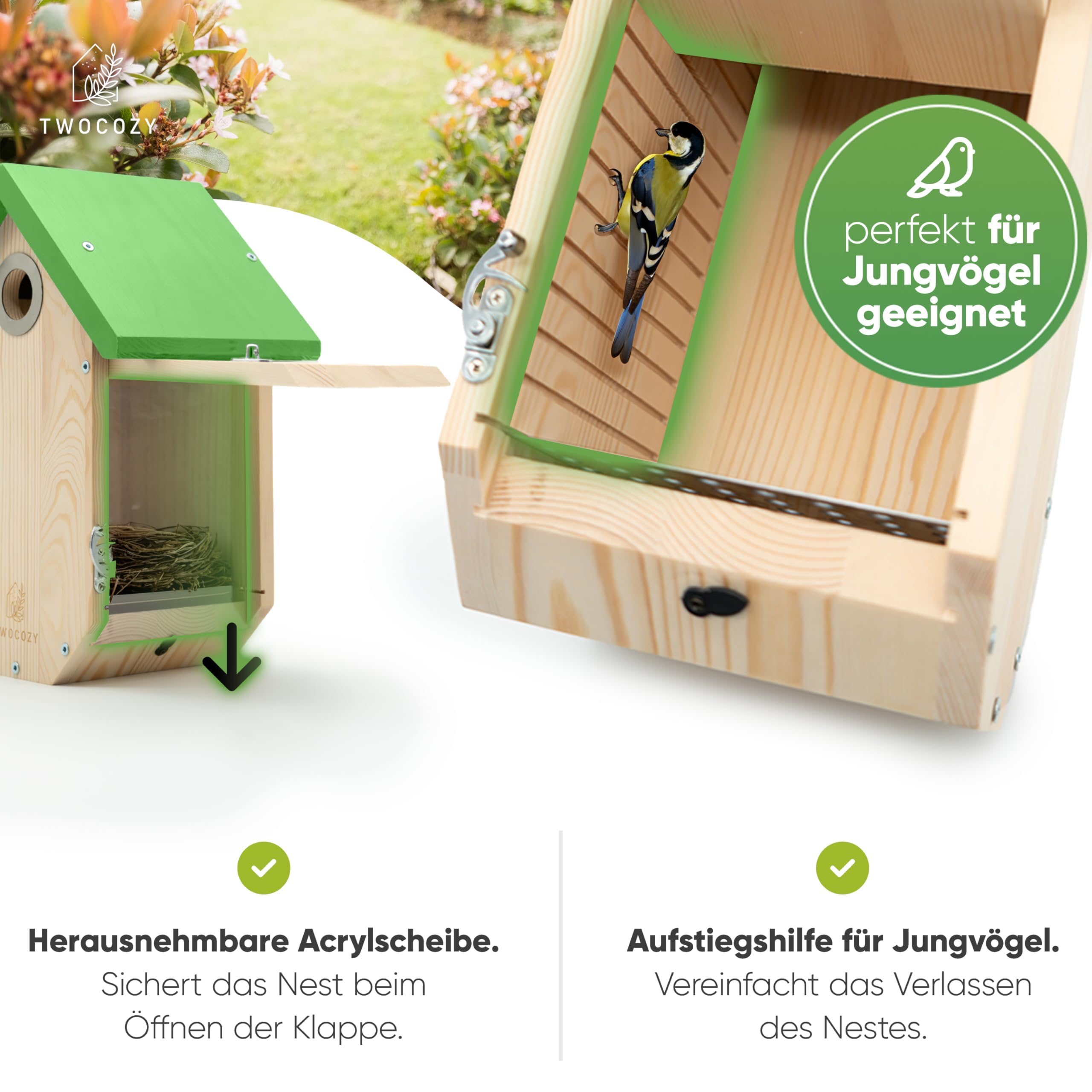 TWOCOZY Premium Nesting Box for Tits, Great Tits [Woodpecker Protection & Nest Protection], Weatherproof & Screwed, Dimensions NABU Compliant, Bird