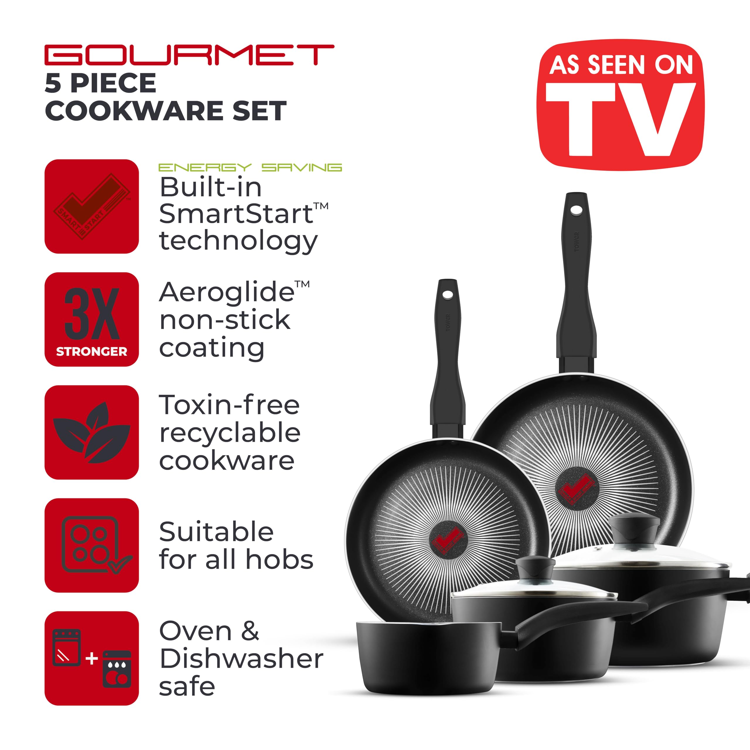Tower T700314 SmartStart Gourmet 5 Piece Cookware Set with Easy Clean Aeroglide Non-Stick Coating, Oven Safe, Long Lasting, PFOA Free, Black