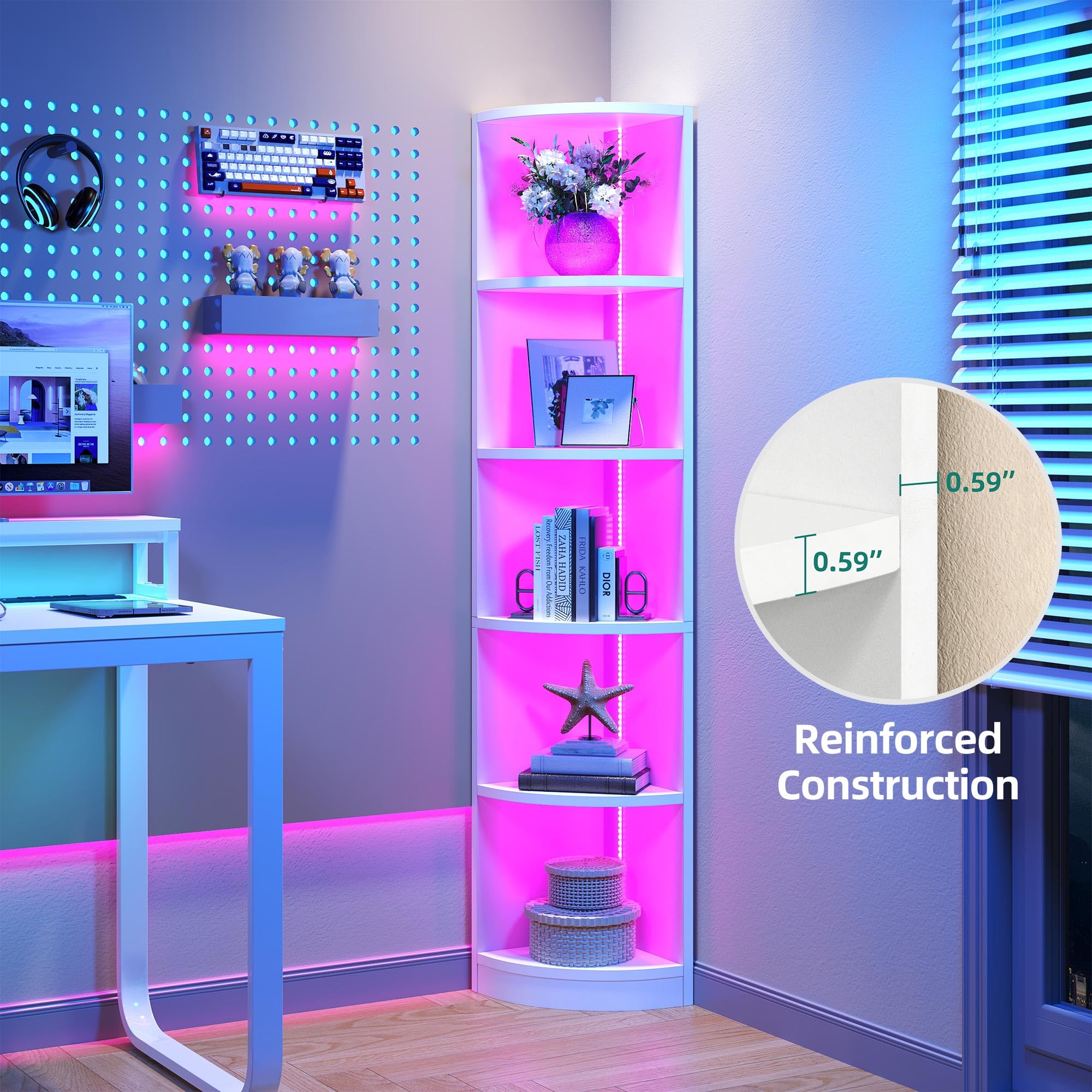 YITAHOME 5 Tiers BookShelf, Corner Bookshelf with LED Lighting, Corner Bookcase Unit, Bluetooth Music Synchronisation, Display Cabinets for Bedroom