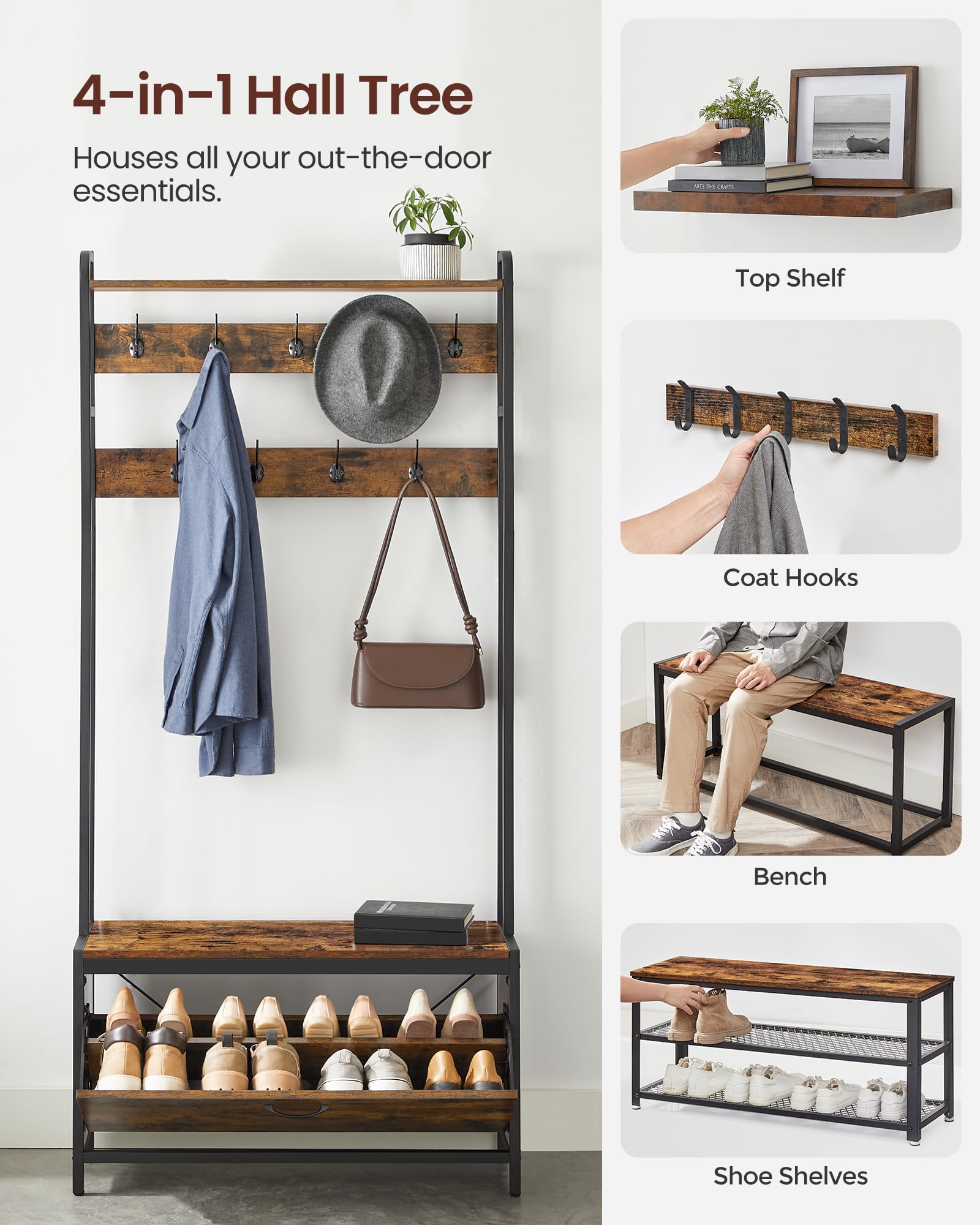 VASAGLE Coat Rack with Shoe Storage, Hall Tree with Bench, 9 Hooks and Top Shelf, for Hallway, Bedroom, Industrial Style, Rustic Brown and Ink Black