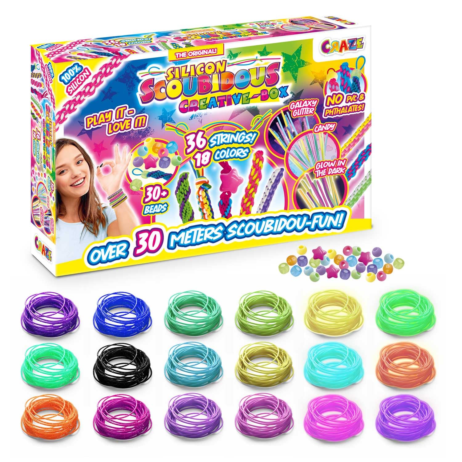 Craze Scoubidou Creative Box ? Silicone Scoobies Strings Kit with 36 Scooby Strings & 30+ Beads ? Friendship Bracelet Kit & Crafts Kit, Crafting Gifts