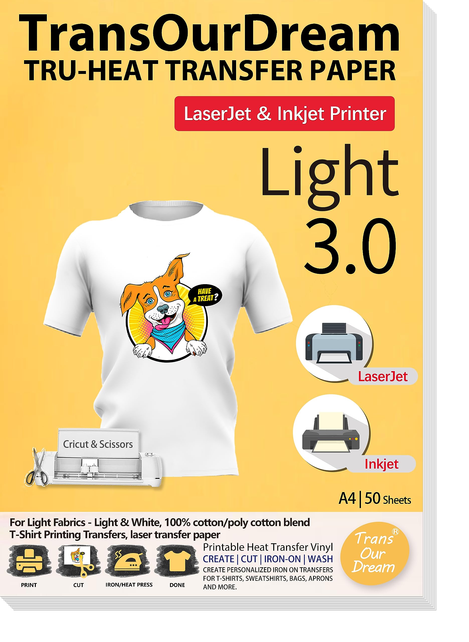 TransOurDream Tru-T Shirt Transfer Paper 50 Sheets A4 Iron On Transfers for Inkjet & Laser Printer Printable HTV Heat Transfer Vinyl for White and