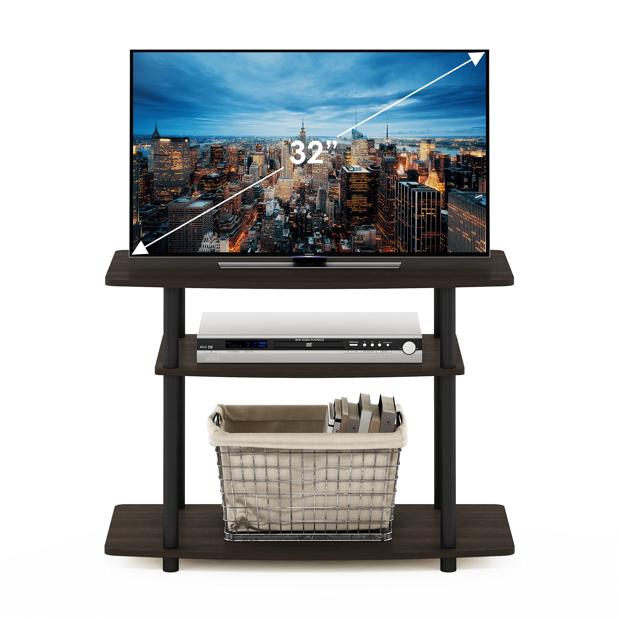 Furinno No Tools 3-Tier Entertainment Center Stand, TV Stands, TV Unit, TV Shelf, Dark Brown/Black