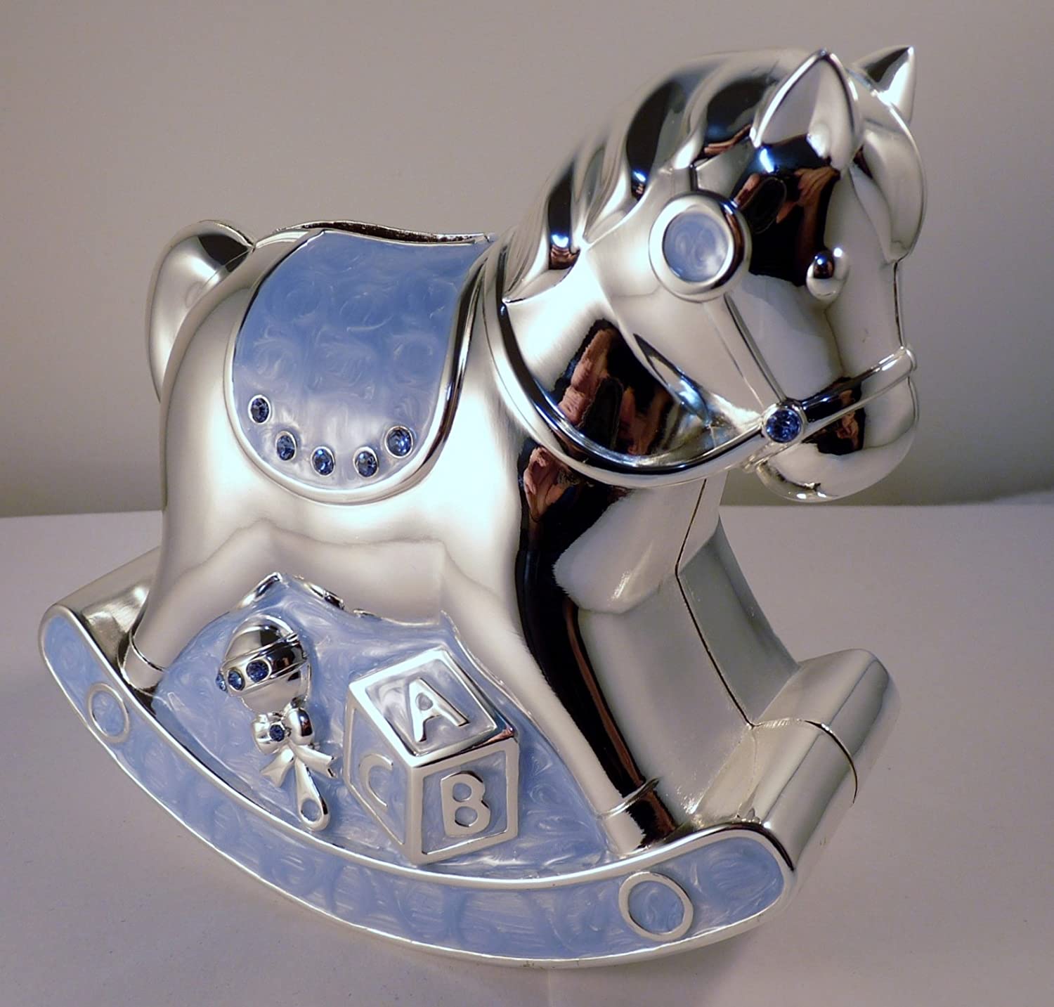 Blue Rocking Horse Money Box - Silver Plated