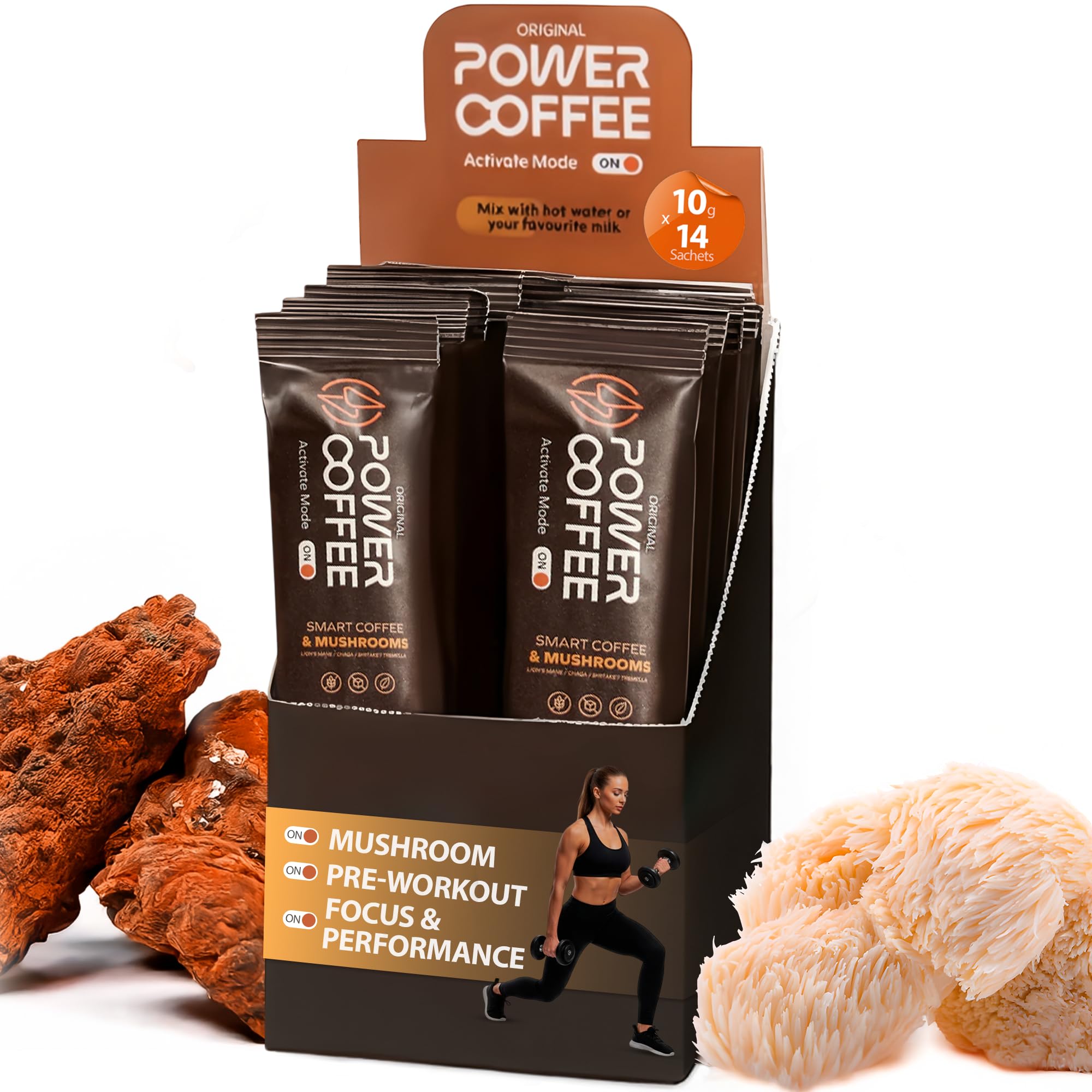 Original Power Coffee - Ketogenic Coffee for Pre-Workout or Every Day Focus - MCT Oil - Clean Caffeine with Lionsmane & Chaga Mushrooms - 14 Sachets