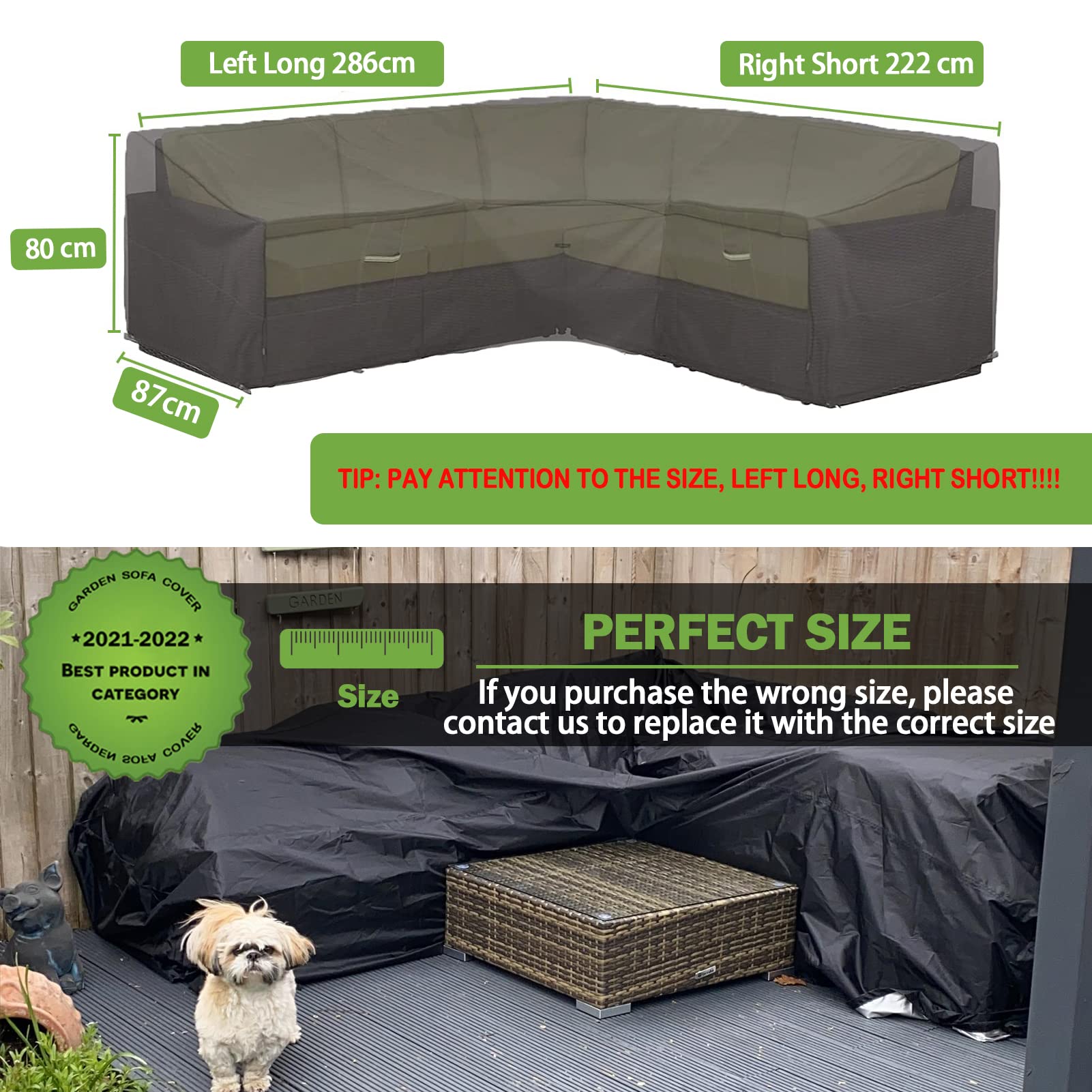 Enzeno Garden L-Shape Furniture Cover Waterproof, 420D Heavy Duty Oxford Fabric Outdoor Rattan Corner Sofa Cover with Waterproof Tape (286 * 222 *