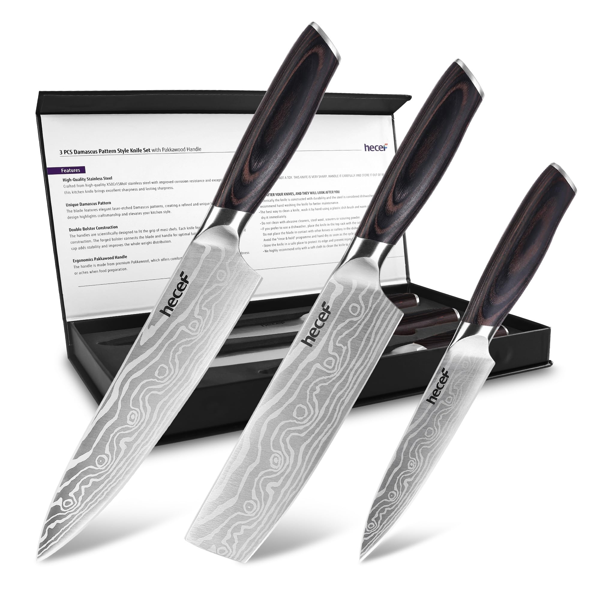 hecef 3-Piece Chef Knife Set with Double Bolster ? High-Carbon Stainless Steel, Brown Pakkawood Handle, Razor Sharp Blades for Kitchen & Culinary Use