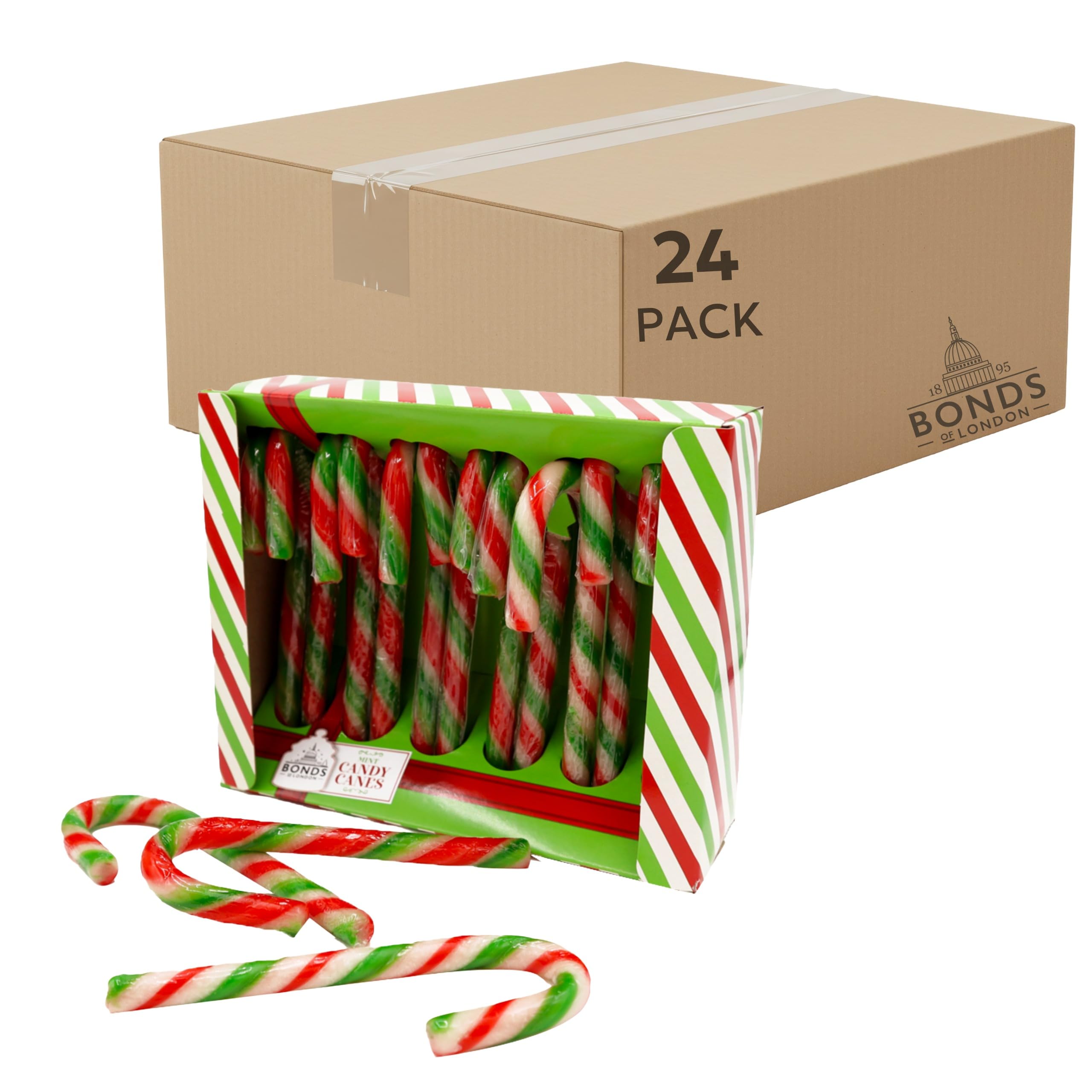 Bonds of London Candy Canes, Festive & Classic Peppermint Flavour, Ideal Stocking Fillers & Christmas Treats, 12 Canes Per 144 g Box (Bulk Pack Of 24
