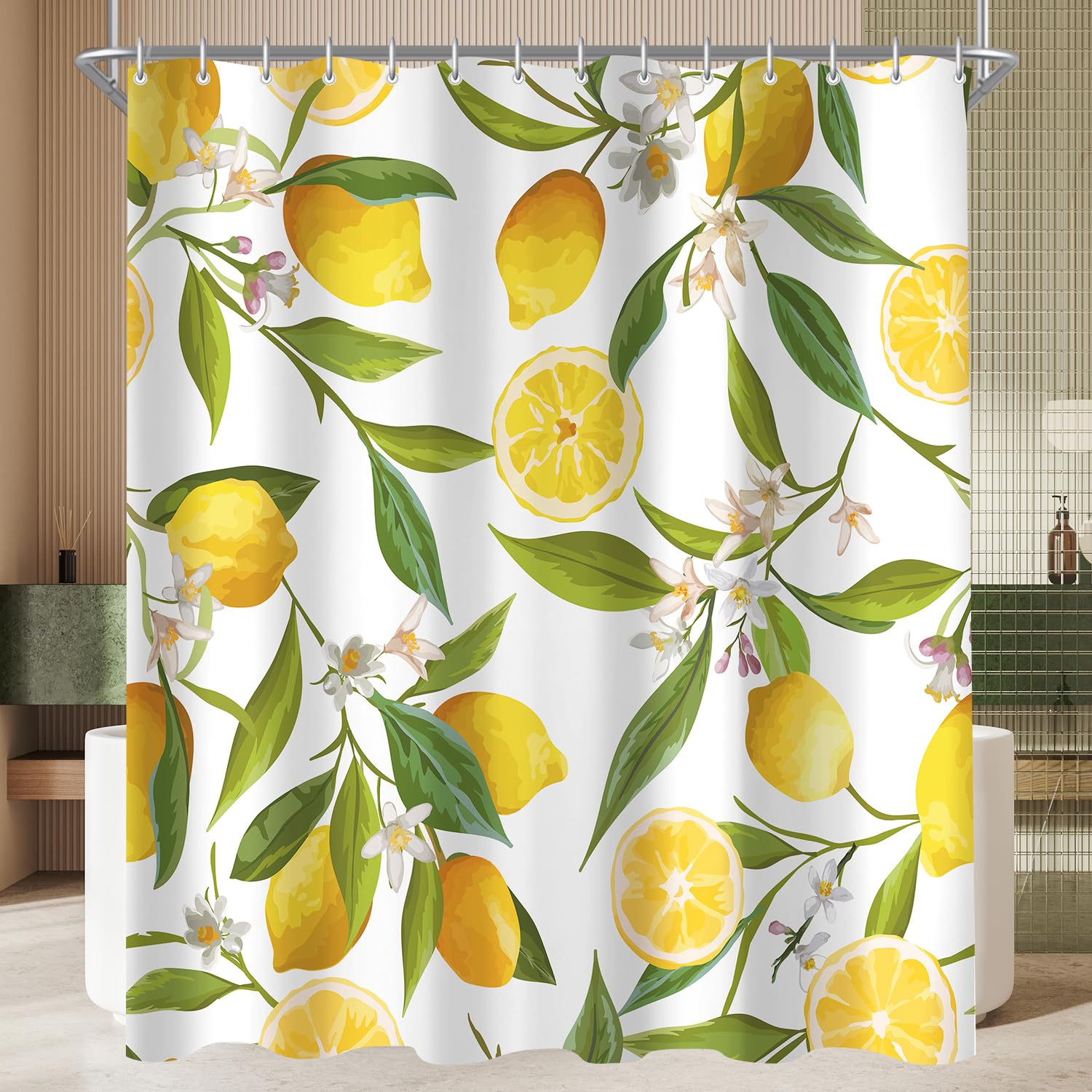Lerores Shower Curtain, 180 x 180 cm, Lemon Leaf, Weighted Hem, Anti-Mould, Water-Repellent, Washable Polyester Bath Curtains with 12 Eyelets and