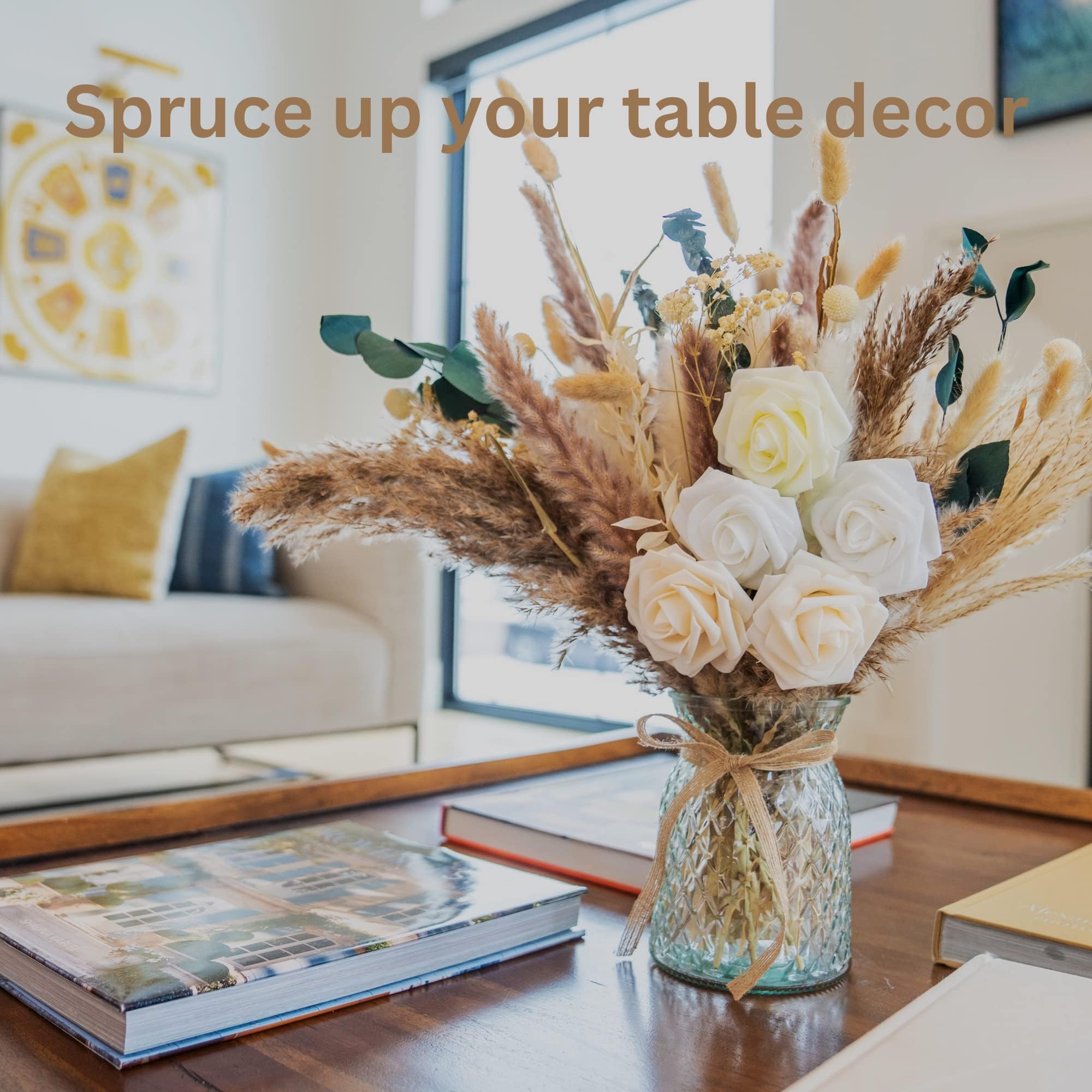 Artificial Flowers In Vase For Dining Table Centrepiece, Pampas Grass With Vase Included For Living Room Bedroom Decor, Artiticial Flowers Prime