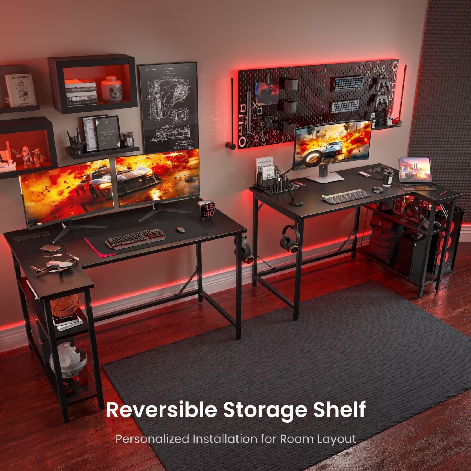 DOMSHOCT L Shaped Gaming Desk with Power Outlets, 100x70cm Corner Computer Desk with Large Reversible Shelves, Home Office Desk with Hooks for Writing
