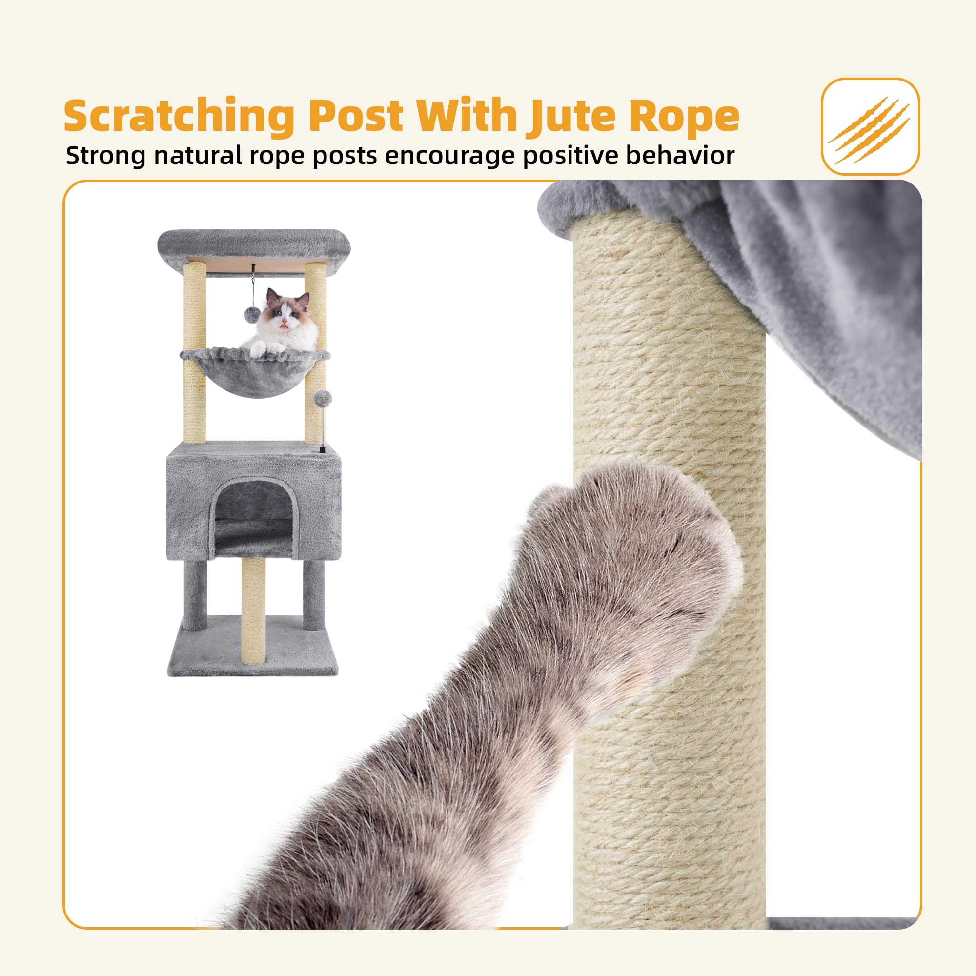 ROYPET 110cm Cat Tree Tower with Sisal Scratching Posts for Indoor Cats,Cat Tower with Hammock and Hanging Ball Toy,Pet Furniture Activity Centre with