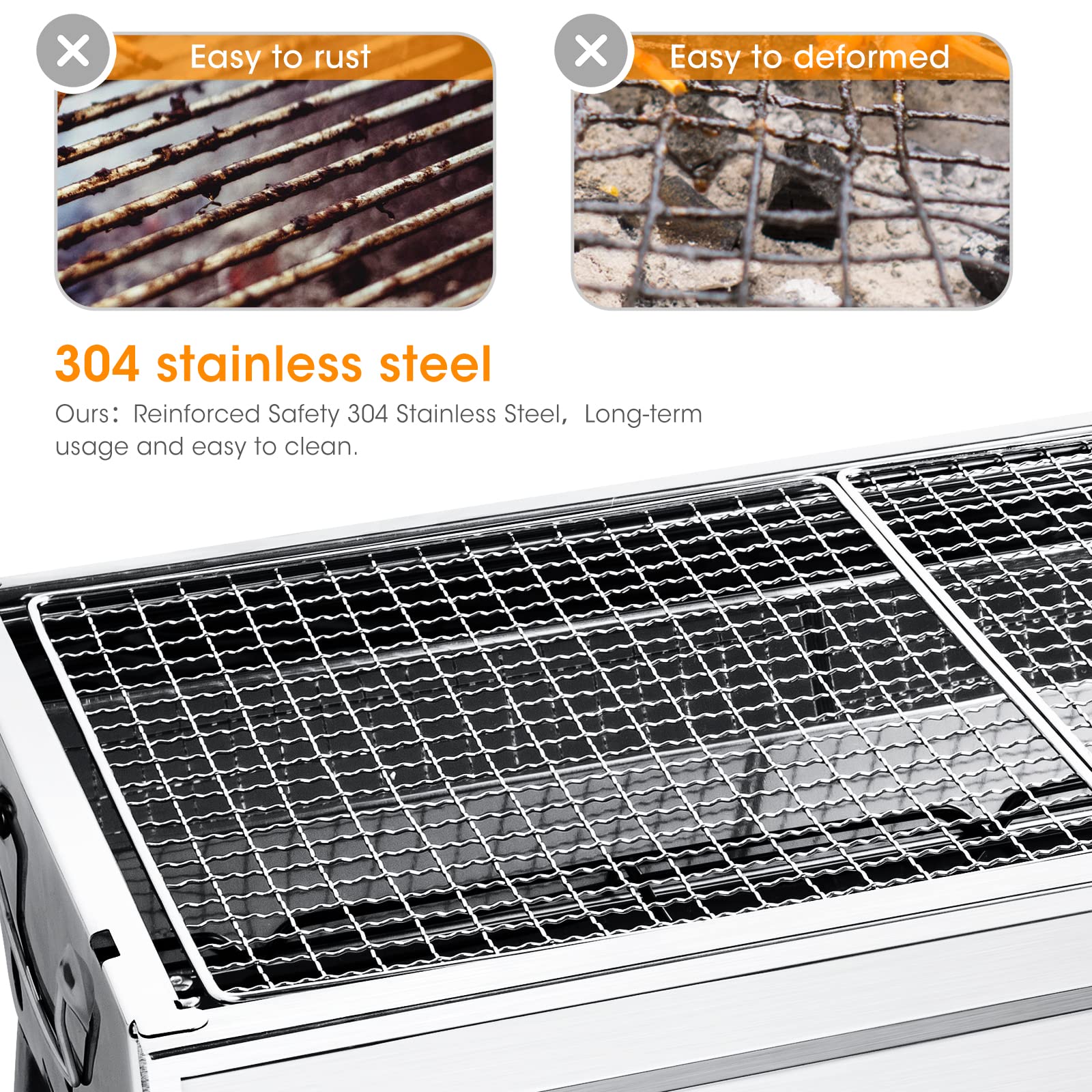 Uten Barbecue Grill, Stainless Steel BBQ, Large Folding Portable BBQ Grill, Charcoal Grill for Outdoor Cooking Camping Hiking Picnics