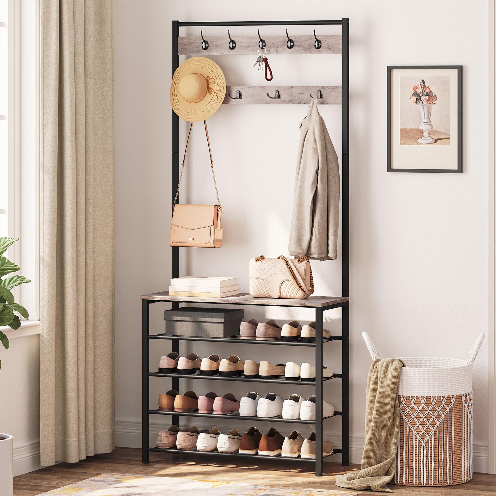 HOOBRO Coat Stand, Coat Rack with Shoe Storage, Free Standing Hall Tree with 9 Hooks, Shoe and Coat Rack for Hallway, Entryway, Metal Frame, Sturdy,
