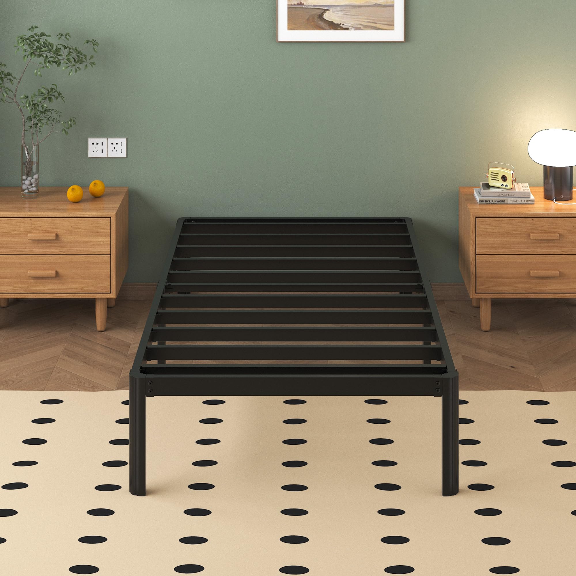 Lutown-Teen Metal Bed 90 x 200 cm with Round Legs, 36 cm Height Bed Frame Single Bed with Metal Slatted Frame, Black