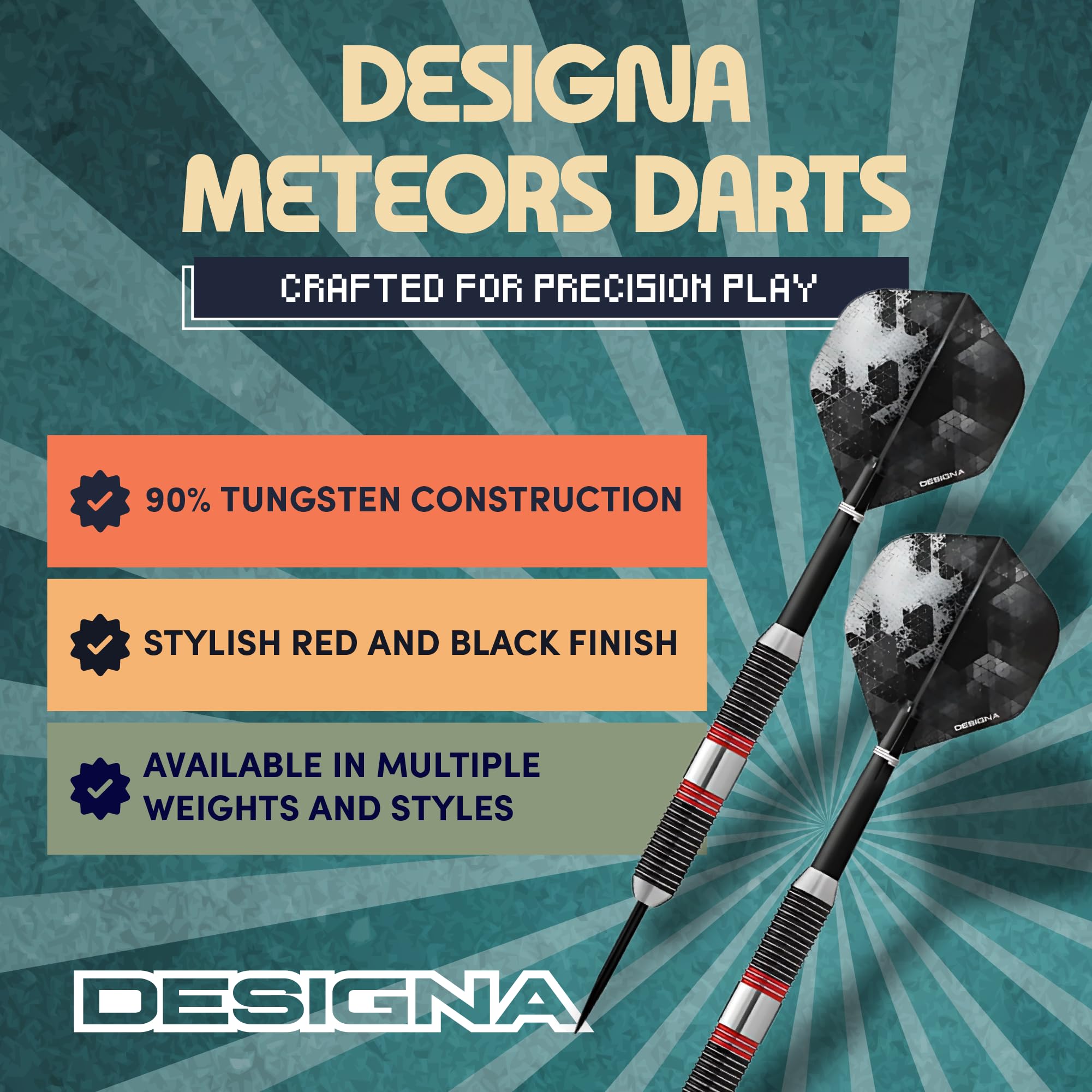 Designa Darts Meteors | 40g Premium 90% Tungsten Heavy Barrel Steel Tip Dart Set, M3, Black & Red (D8650)