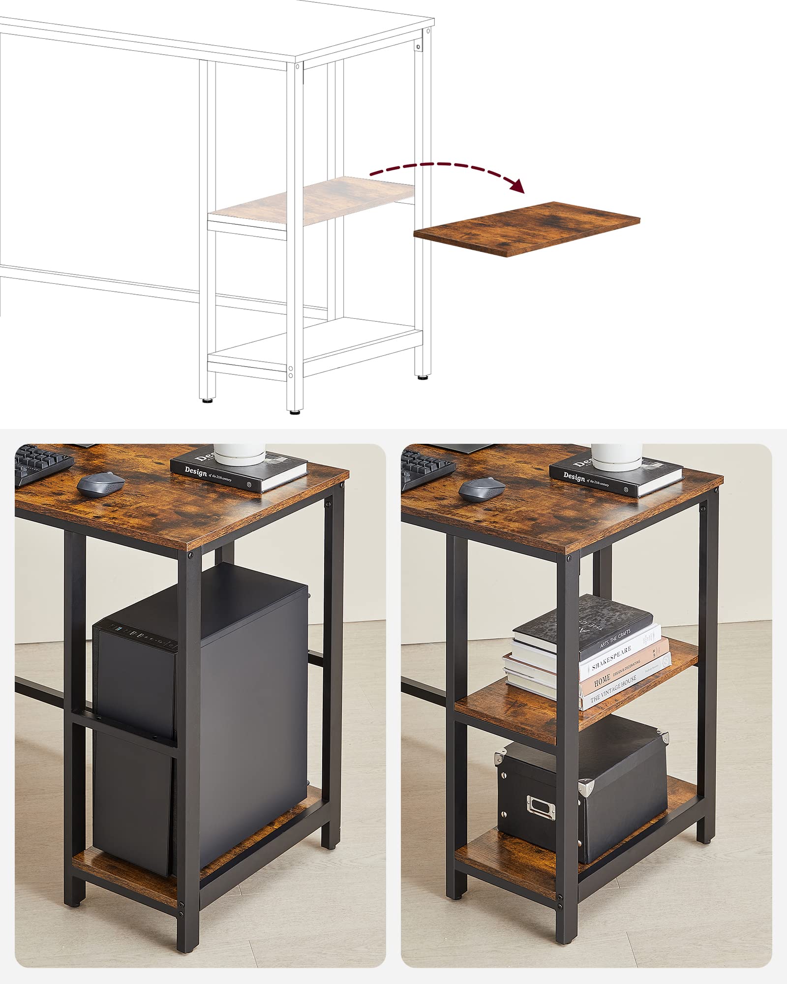 VASAGLE Computer Desk, L-Shaped Corner Desk, Gaming Desk, Workstation with 2 Storage Shelves for Home Office, Space-Saving, Easy to Assemble, Rustic