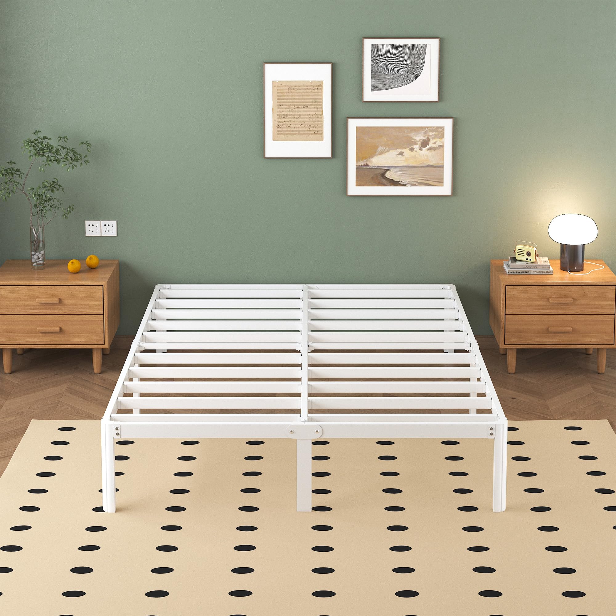 Lutown-Teen Metal Bed 150 x 190 cm with Round Legs, 36 cm Height Bed Frame Double Bed with Metal Slatted Frame, White