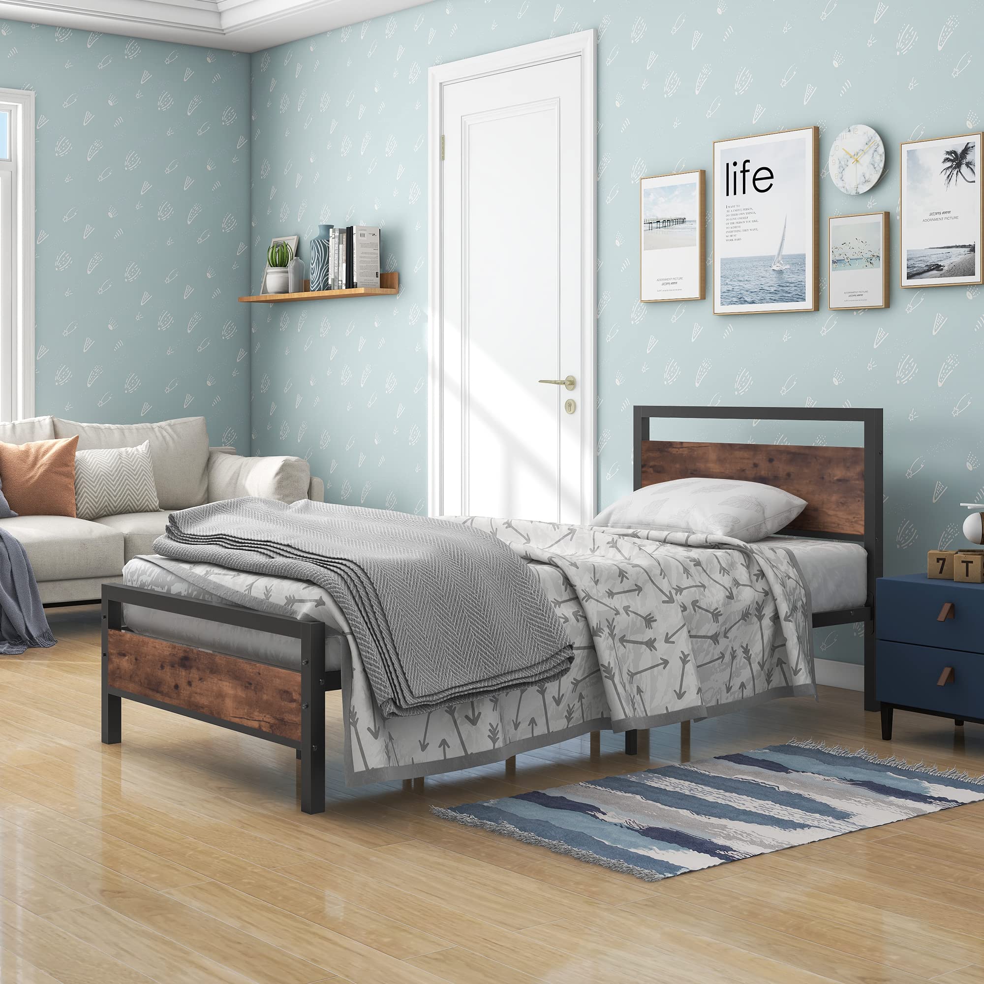 BOFENG 3ft Single Bed Frames Solid Bedstead Base with Wood Headboard,Heavy Duty Metal Platform Bed Frame No Box Spring Needed,Mattress Base/Metal Slat