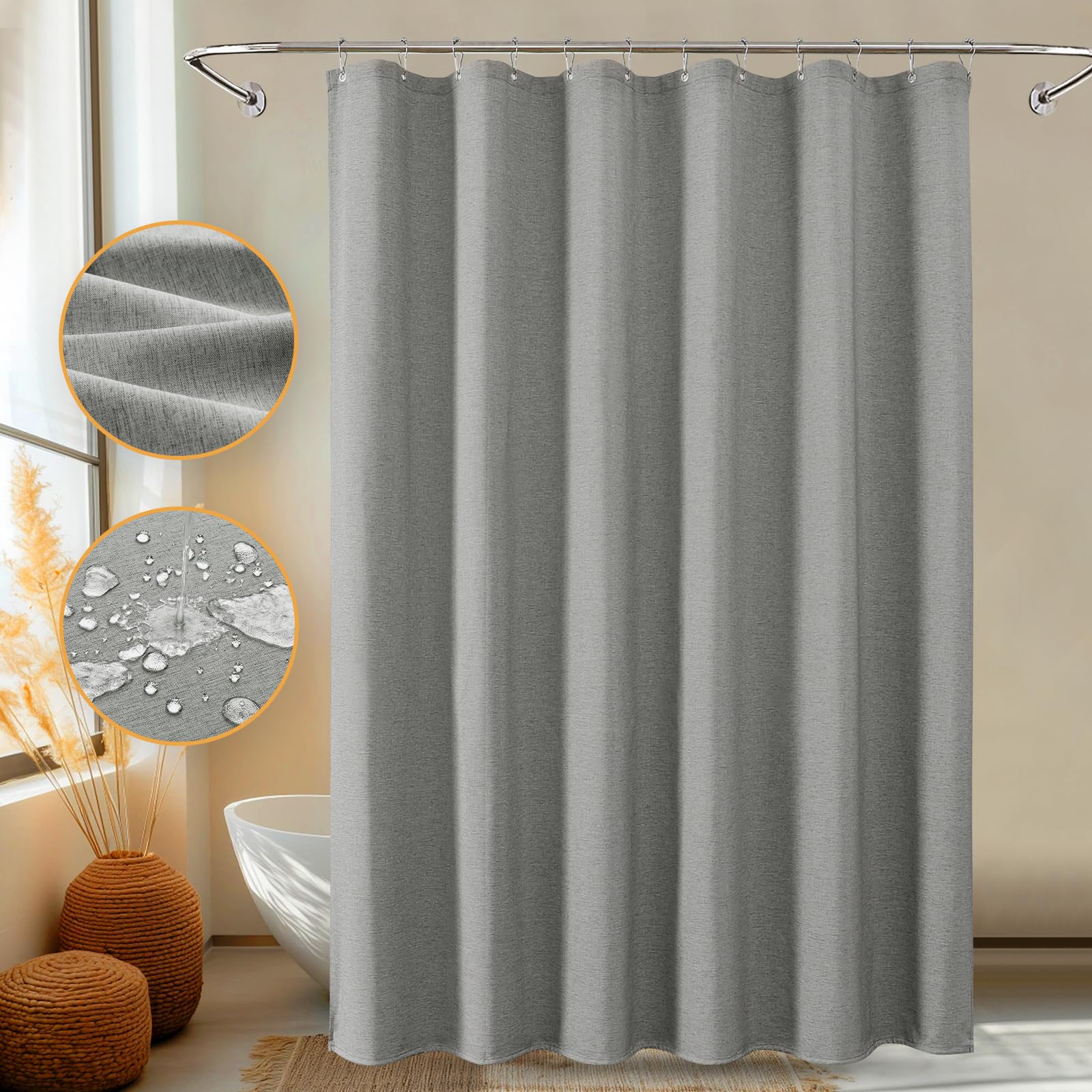 Shower Curtains, Anti-Blow Heavy-Duty Linen-Texture Fabric Shower Curtain, Extra Soft Double-layer waterproof Shower Curtains With Smart Function
