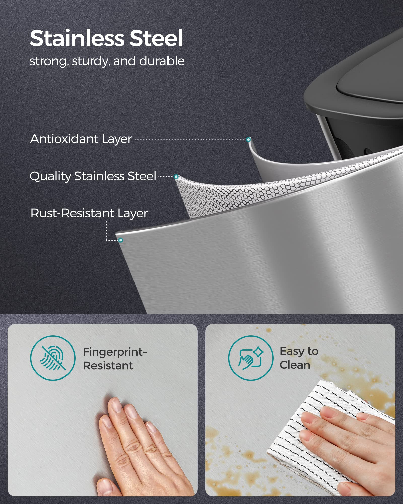 SONGMICS Kitchen Bin 50L, Sensor Bin, Automatic Rubbish Bin with Soft-Close Lid and Bag Retainer Ring, Stainless Steel Waste Bin, 15 Rubbish Bags