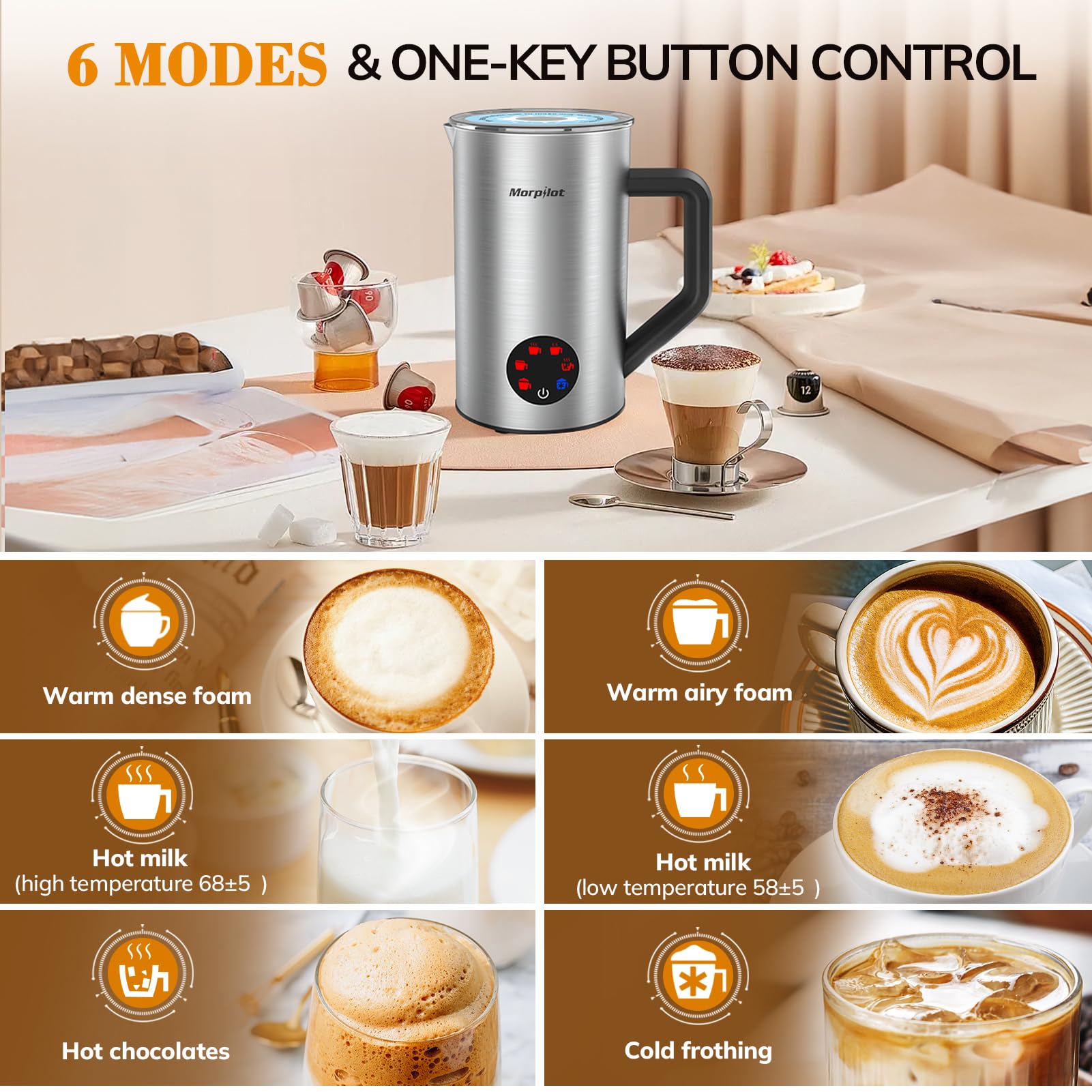 Milk Frother Electric 6 in 1 - Automatic Milk Frothers 350ml Milk Steamer and Warmer Stainless Steel Milk Heater Hot Chocolate Milk Foamer for Latte