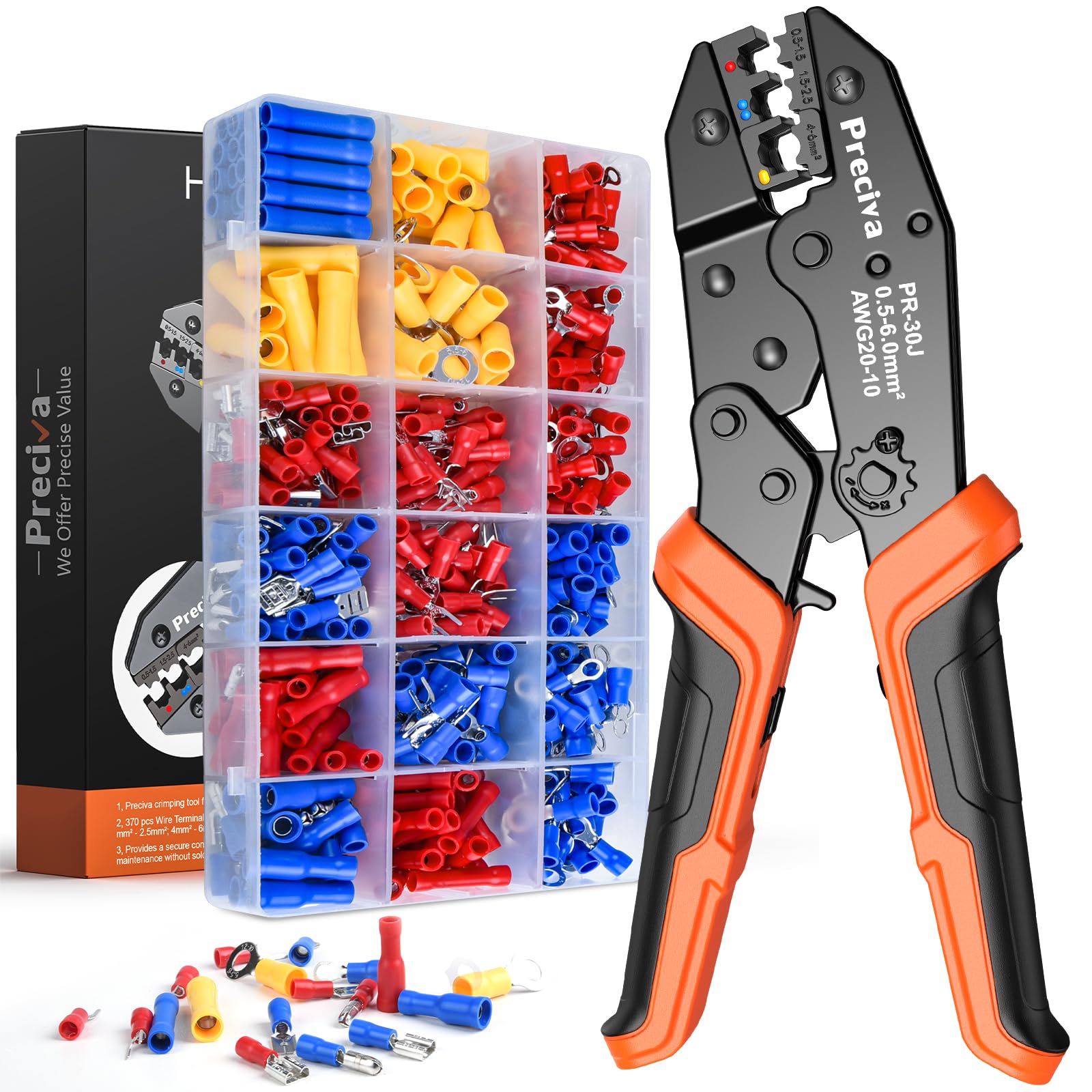 Insulated Crimping Tools, Preciva 0.5-1.5/1.5-2.5/4-6mm?(A.W.G. 20-10) Crimping Tool, with 370pcs terminals. Suits Electrical Wiring Repair, Car, Van,
