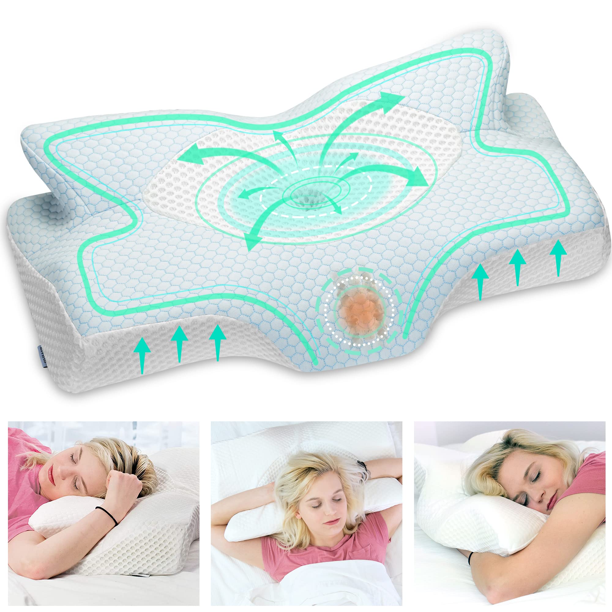 Elviros Cervical Memory Foam Pillow for Neck Pain Orthopedic Neck Pillow for Shoulder Pain Ergonomic Head Neck Support Pillow for Side/Back/Stomach