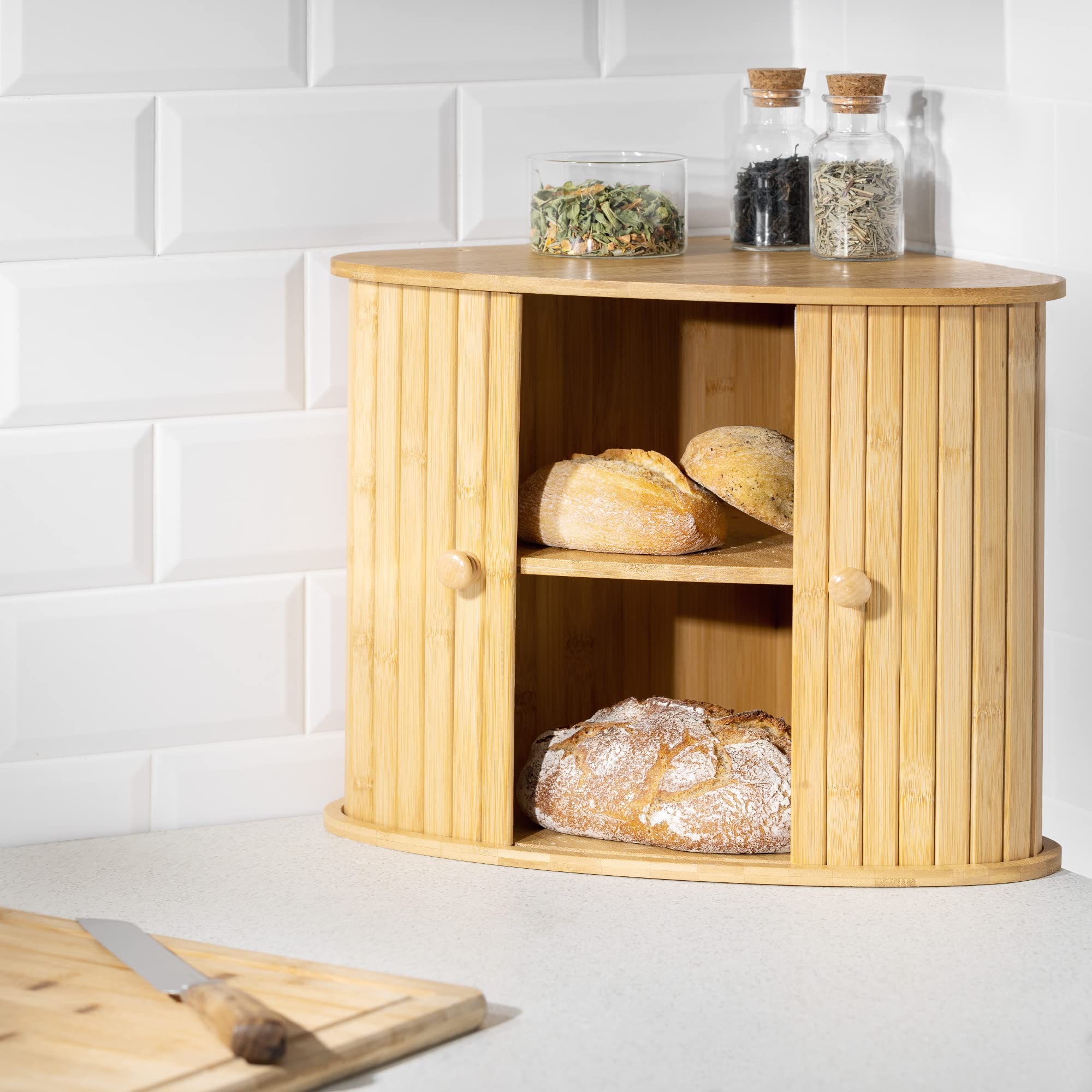 Navaris Wooden Bread Bin- Countertop Kitchen Corner Bread Bun Farmhouse Loaf Bagel Wood Container with Sliding Doors - Corner Wood Breadbox