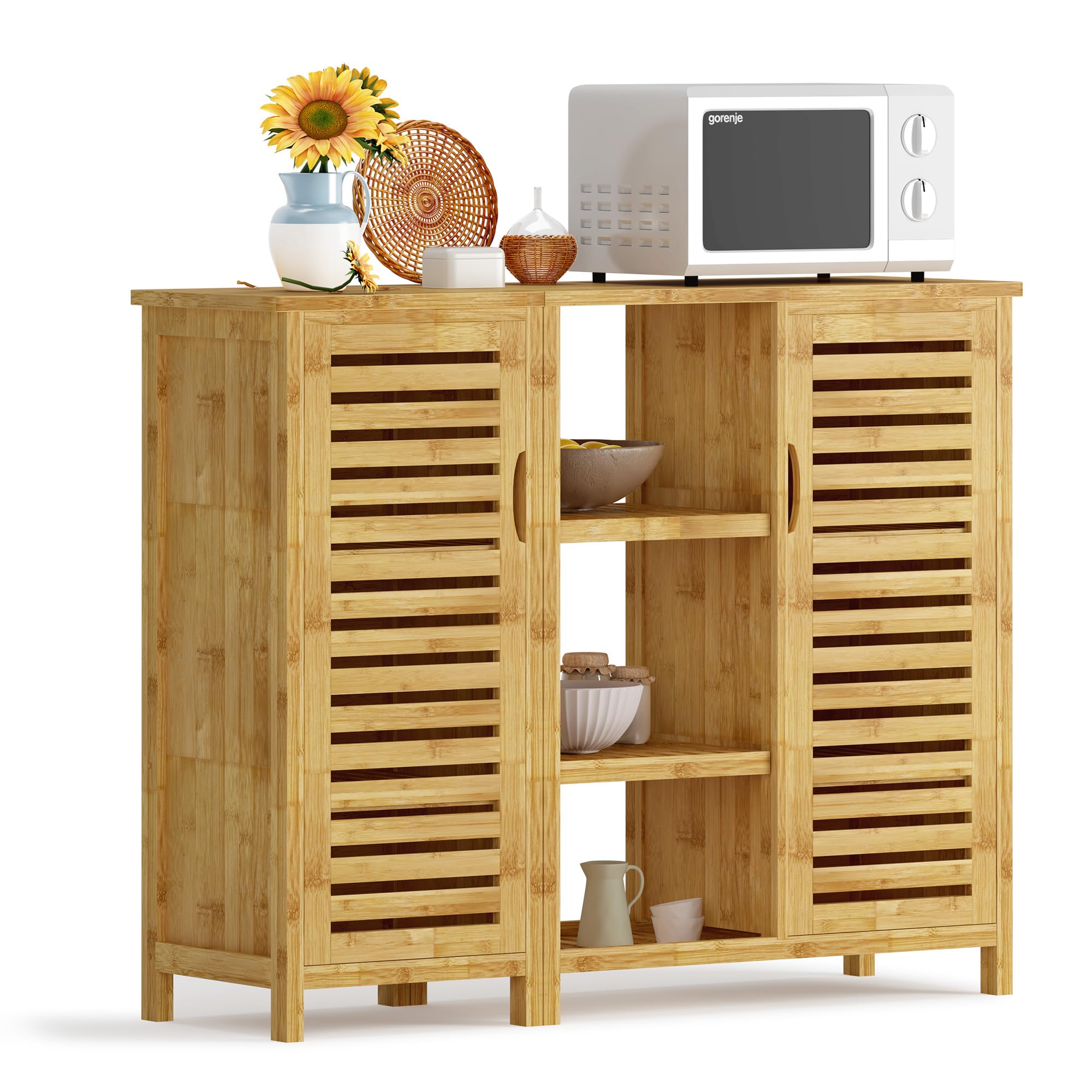 SogesPower 2-in-1 Modular Bamboo Bathroom Storage Cabinet | 3-Tier Open & Enclosed Shelving (2 Doors) Free-Standing Organizer for Bathroom, Kitchen,