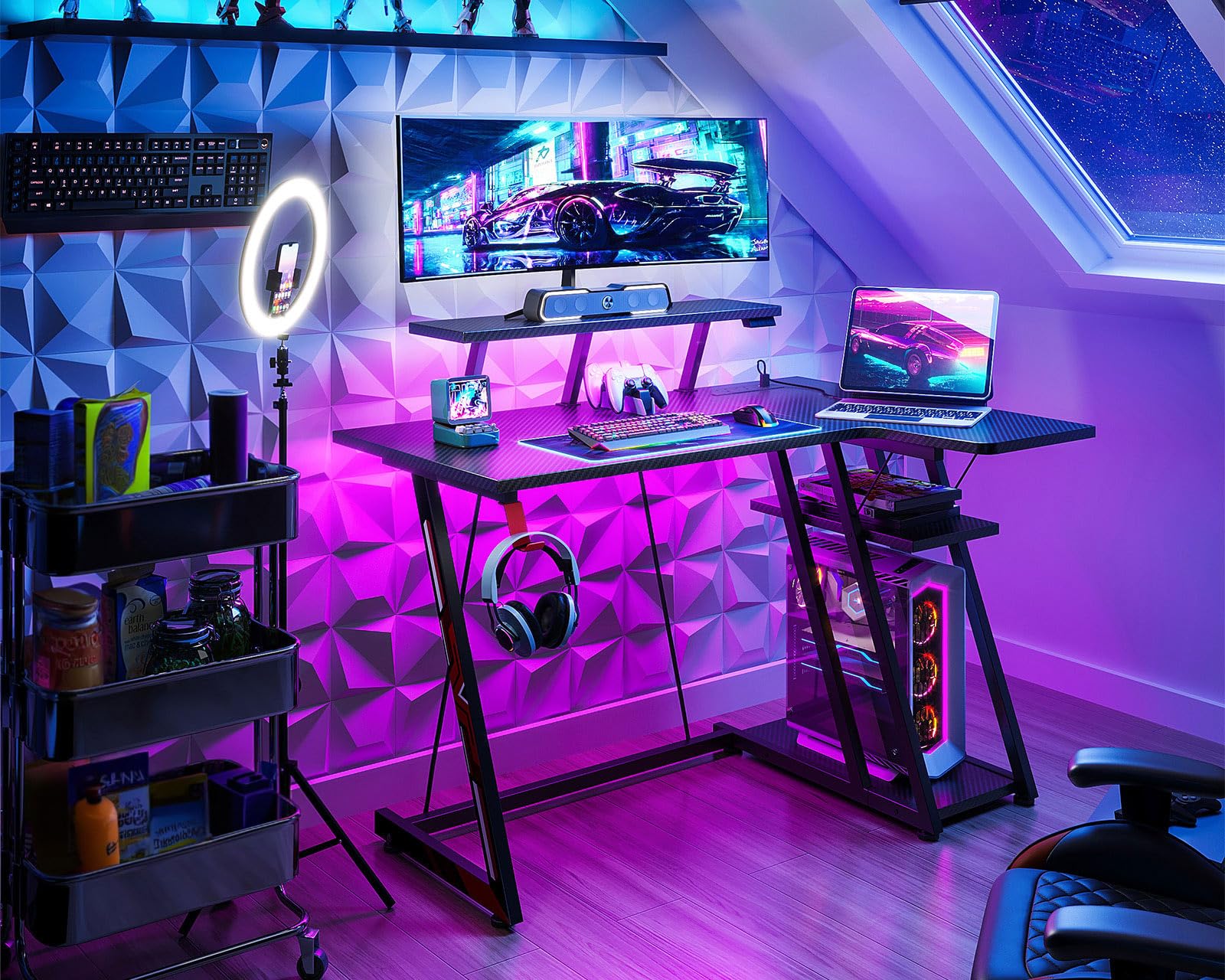 ODK L Shaped Gaming Desk with LED Lights & Power Outlets, Gaming Table with Monitor Stand, Corner Gaming Desk with Storage, Computer PC Desks Carbon