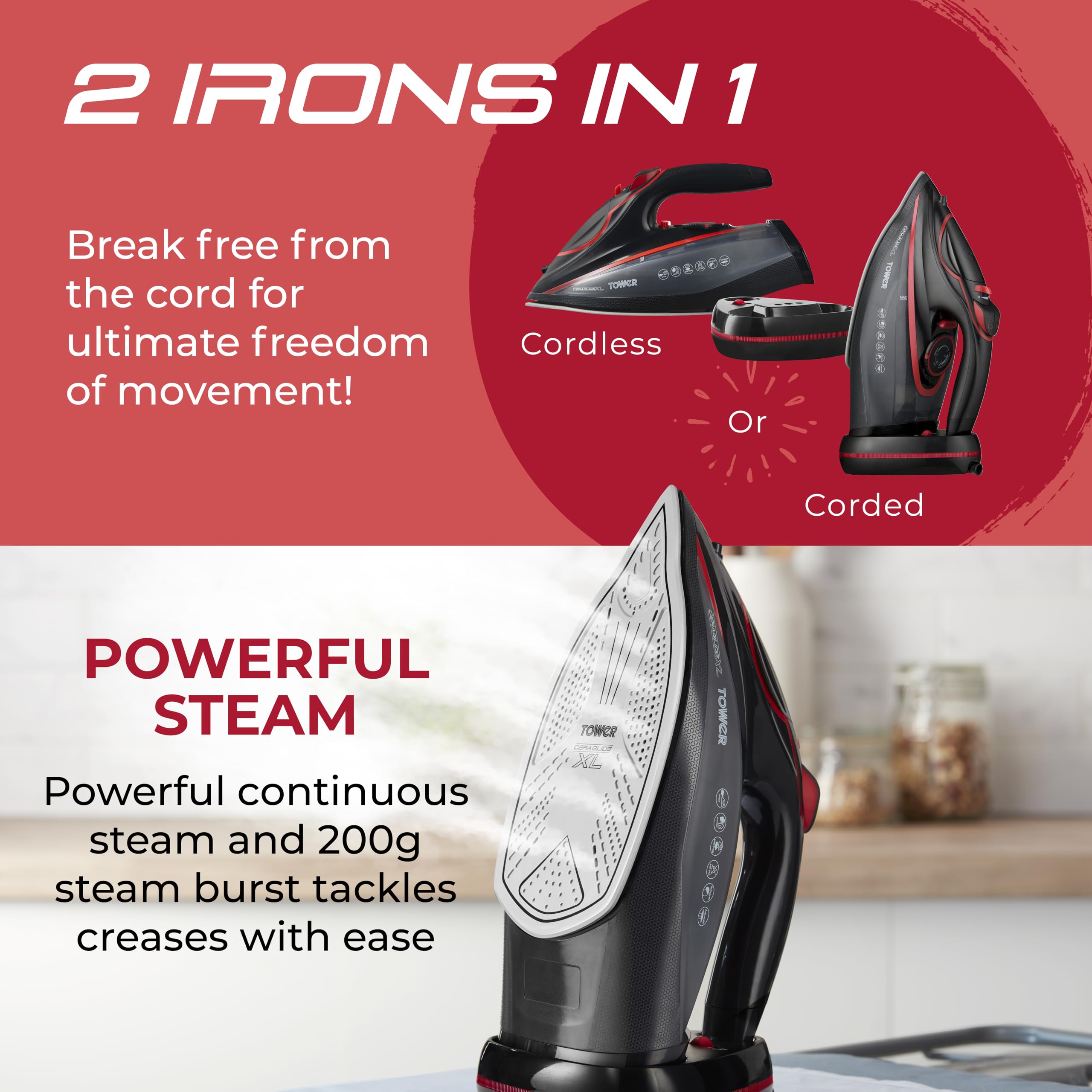 Tower T22035RED Cord/Cordless Steam Iron with Ceraglide XL Ceramic Soleplate, Thermostatic Dial Control, Anti-Calc & Anti-Drip Functions, Auto Shut