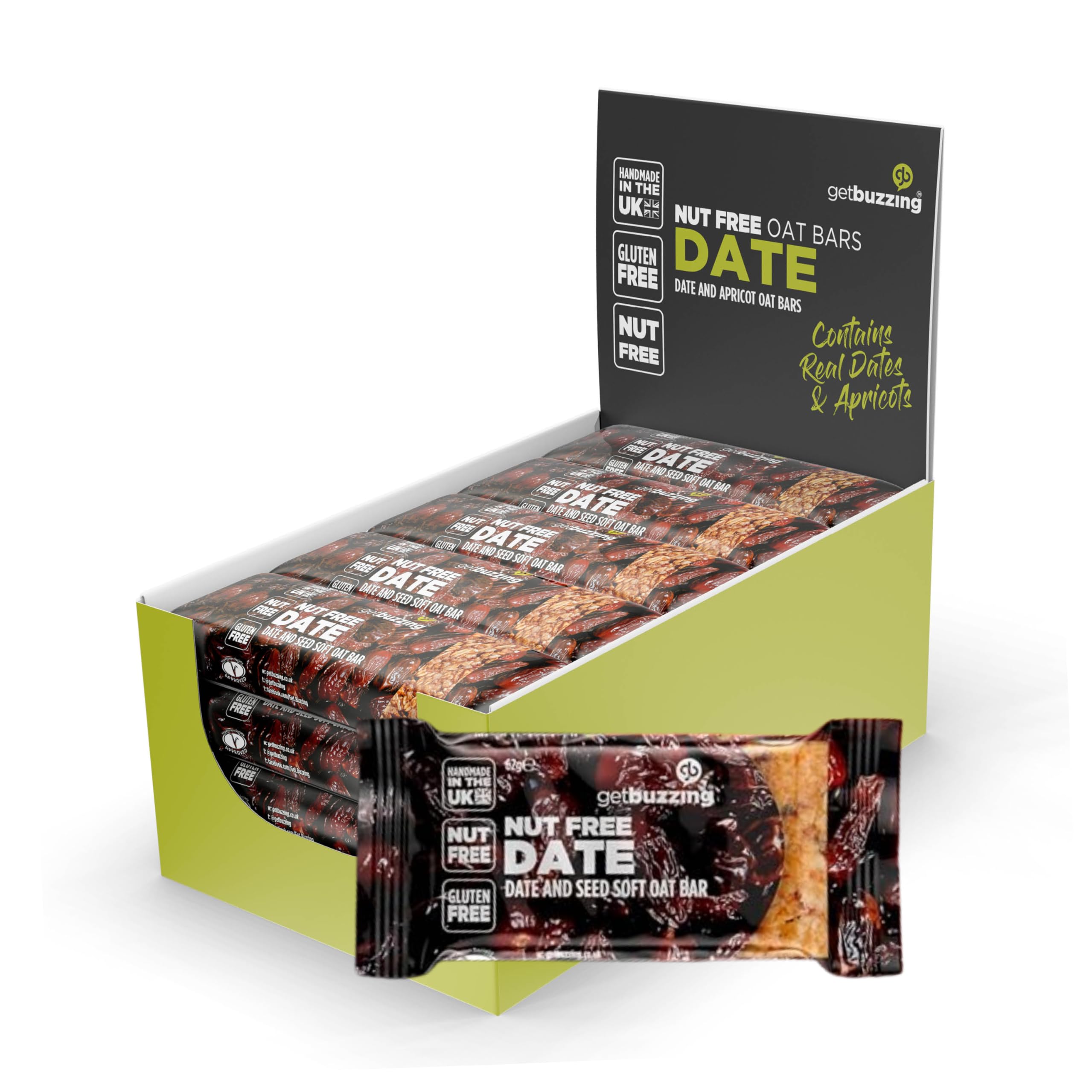 Getbuzzing Nut Free Oat Flapjack Healthy Snack & Energy Bars - Running,Gym, Cycling - Breakfast Snack - Made in The UK - Date & Seed Pack of 20 x 62g