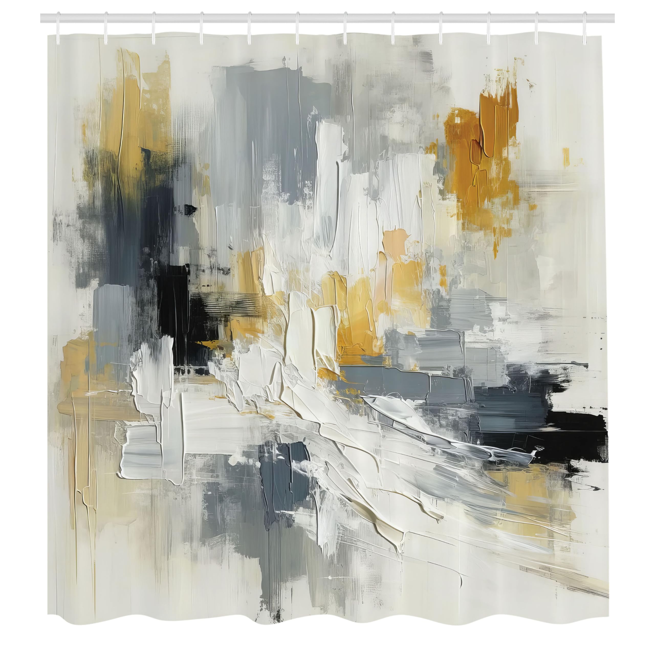 ABAKUHAUS Black and White Shower Curtain, Abstract Details, Cloth Fabric Bathroom Decor Set with Hooks, 175 x 200 cm, Blue-Grey Amber Coconut