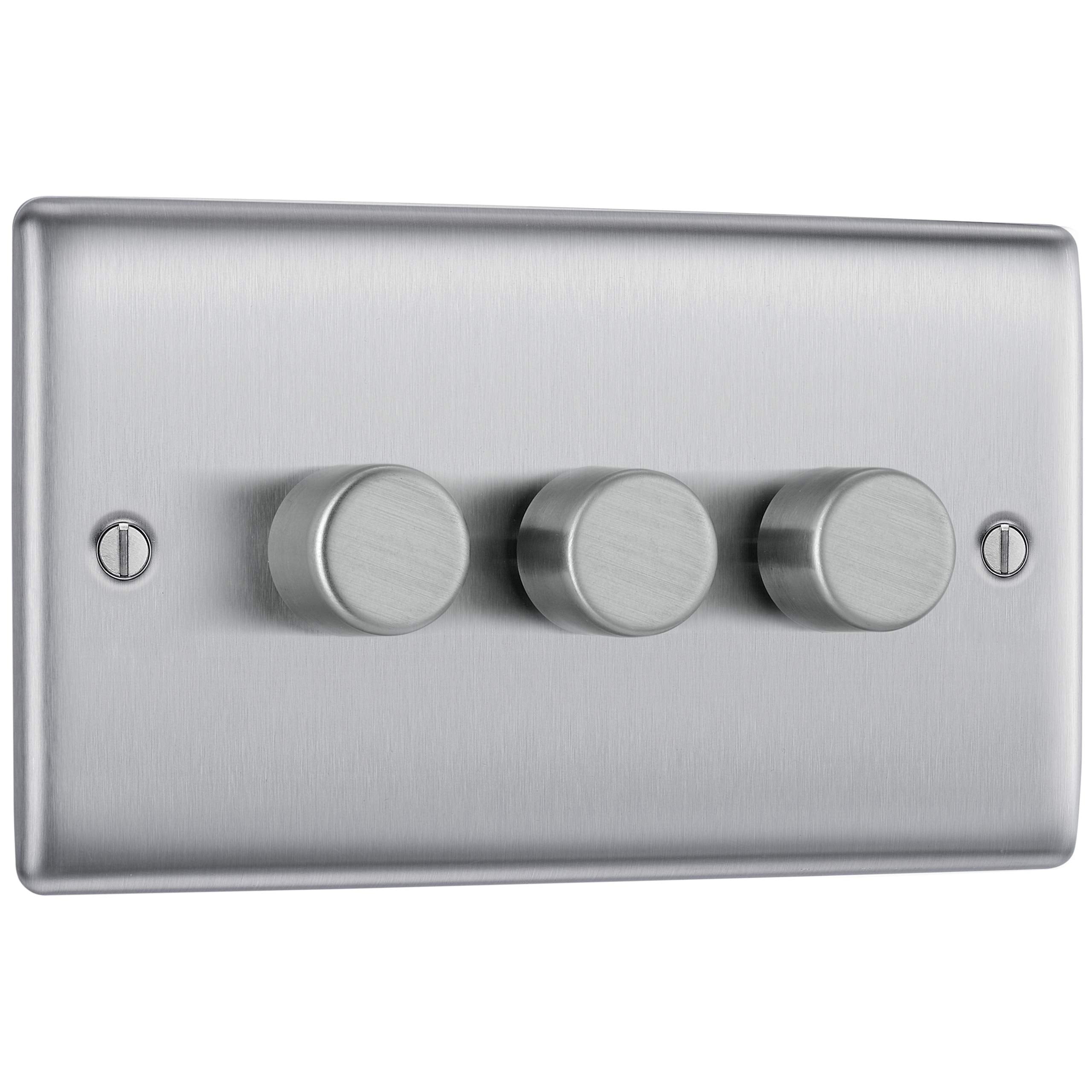 BG Electrical Intelligent Triple Wall Dimmer Switch, 2 Way, Raised Profile, Round Edges, Nexus Metal, Brushed Steel, 200W, NBS83