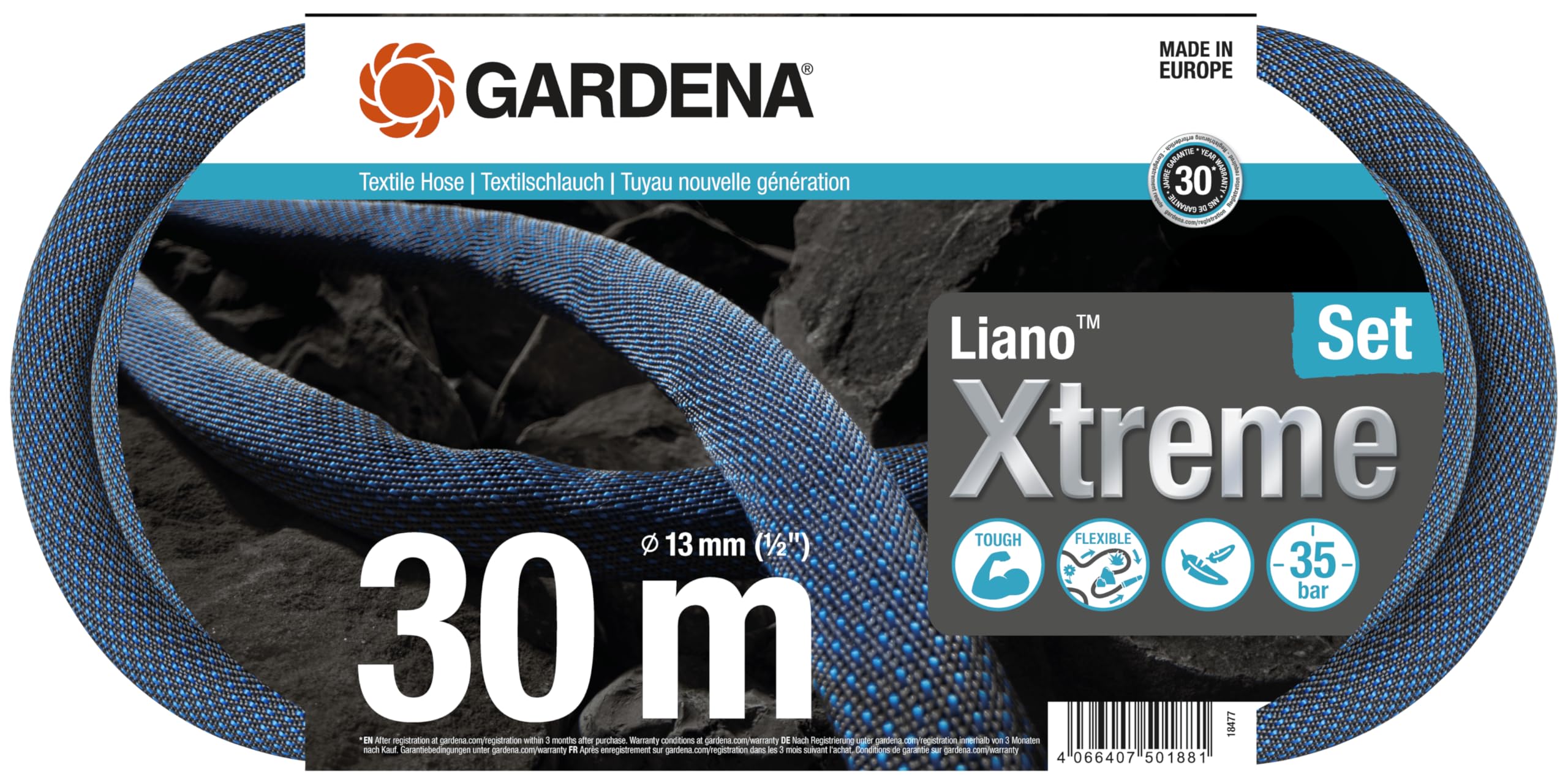 Gardena Liano Xtreme 1/2 inch, 30m set: Extremely robust textile garden hose, for indoor water taps, with PVC inner tube, lightweight,