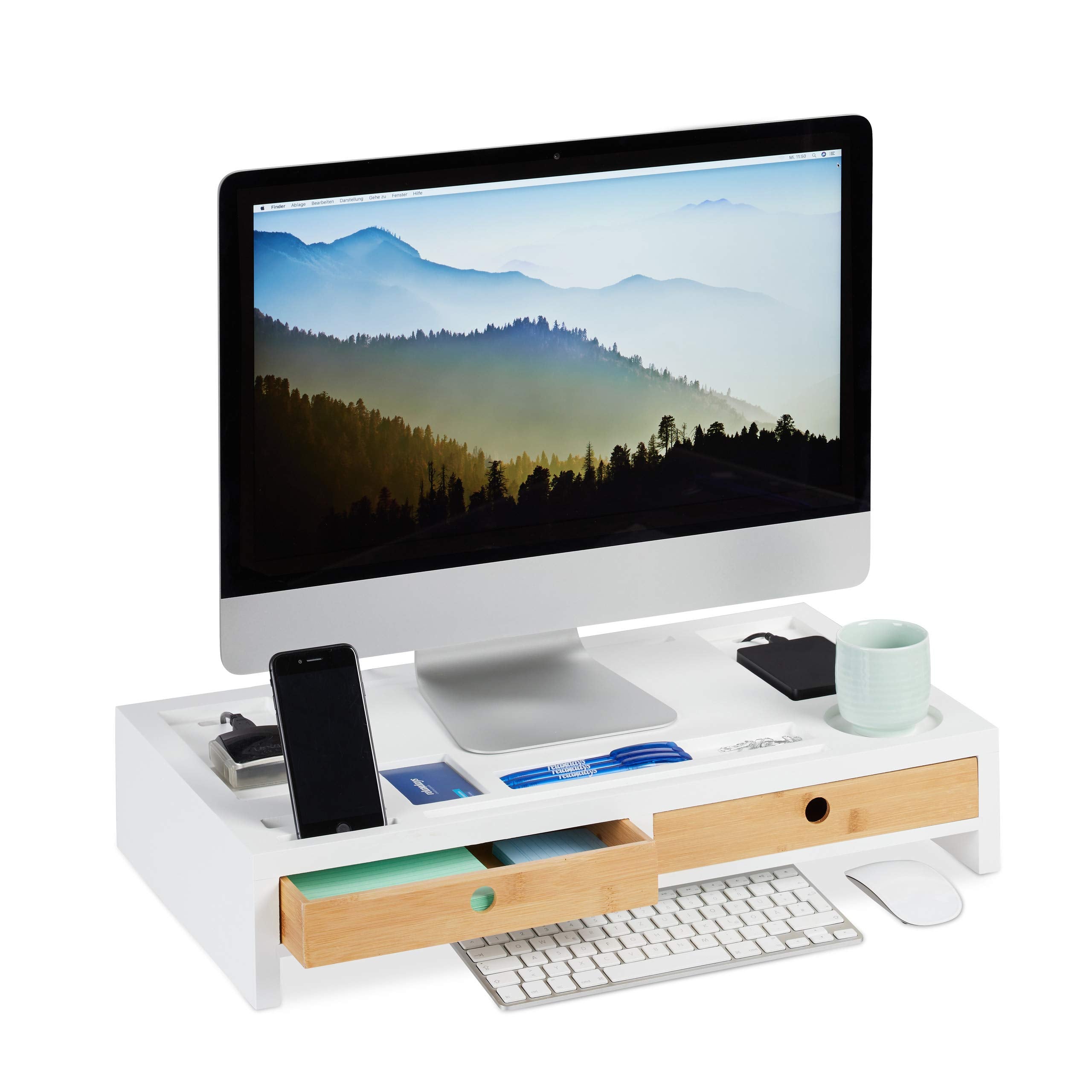 Relaxdays Monitor stand, XL bamboo & MDF screen rack, 2 drawers, organizer, HBT 11 x 58.5 x 32.5 cm, white