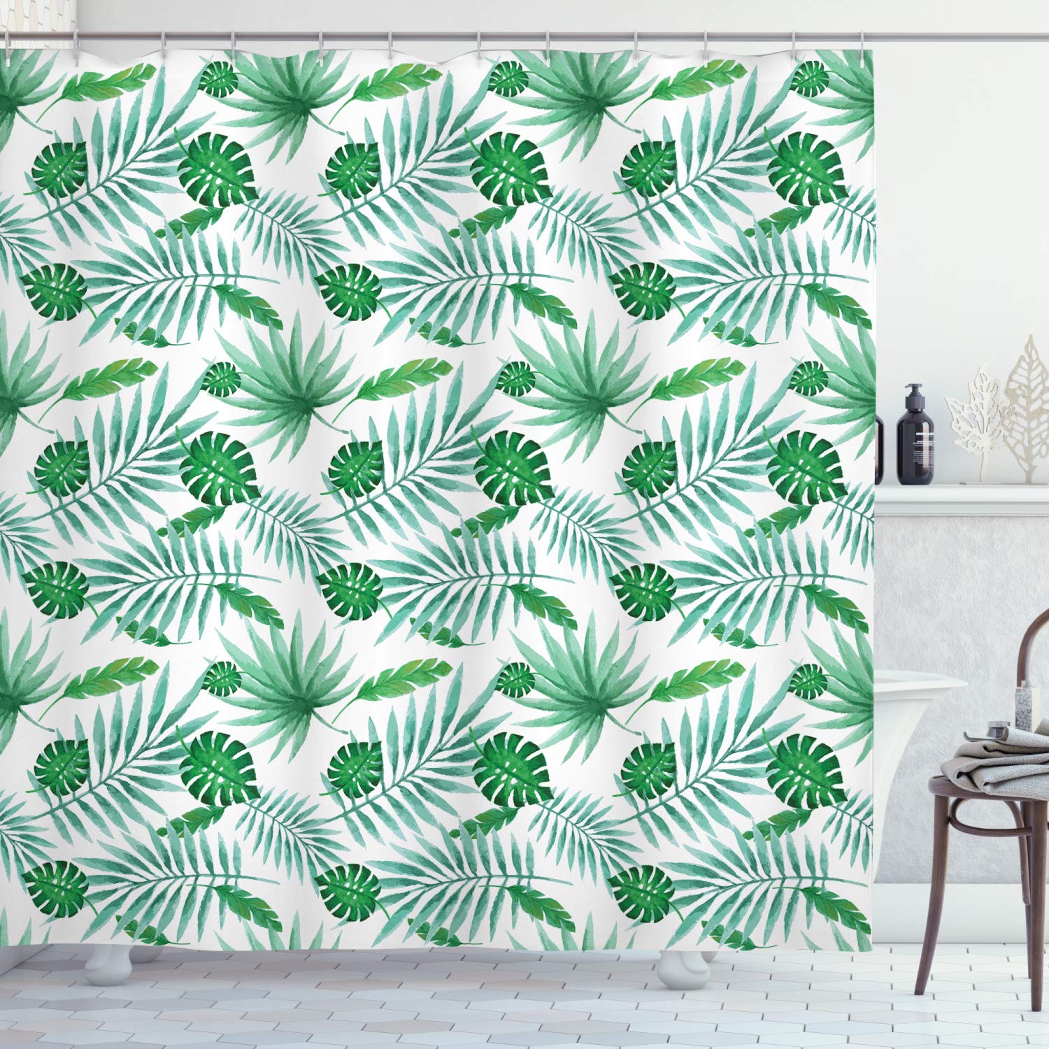 ABAKUHAUS Green and White Shower Curtain, Polynesian Aloha Watercolor Style Monstera Palm Leaves Luau, Cloth Fabric Bathroom Decor Set with Hooks, 175