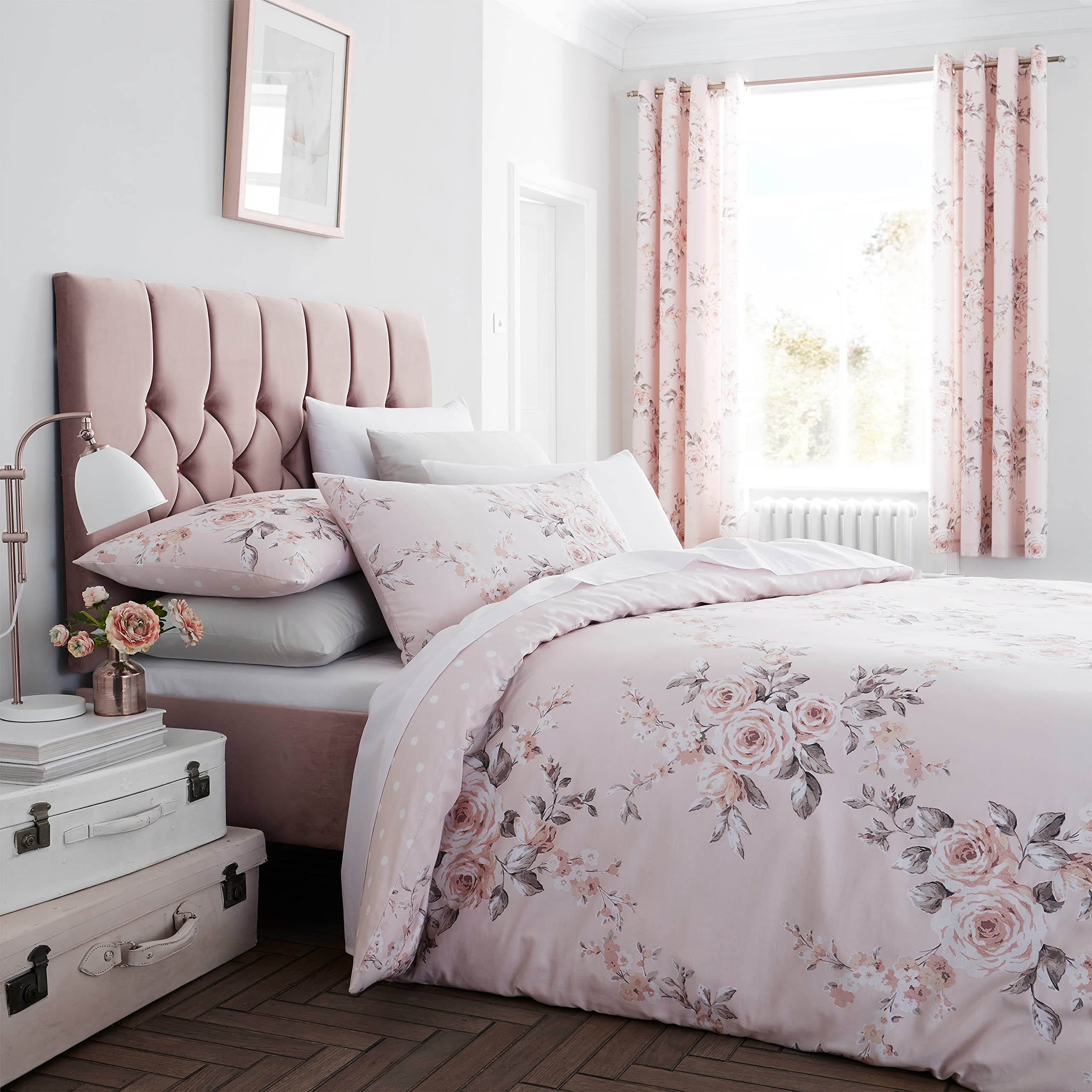 Catherine Lansfield Canterbury Floral 66x72 Inch Lined Eyelet Curtains Two Panels Blush Pink