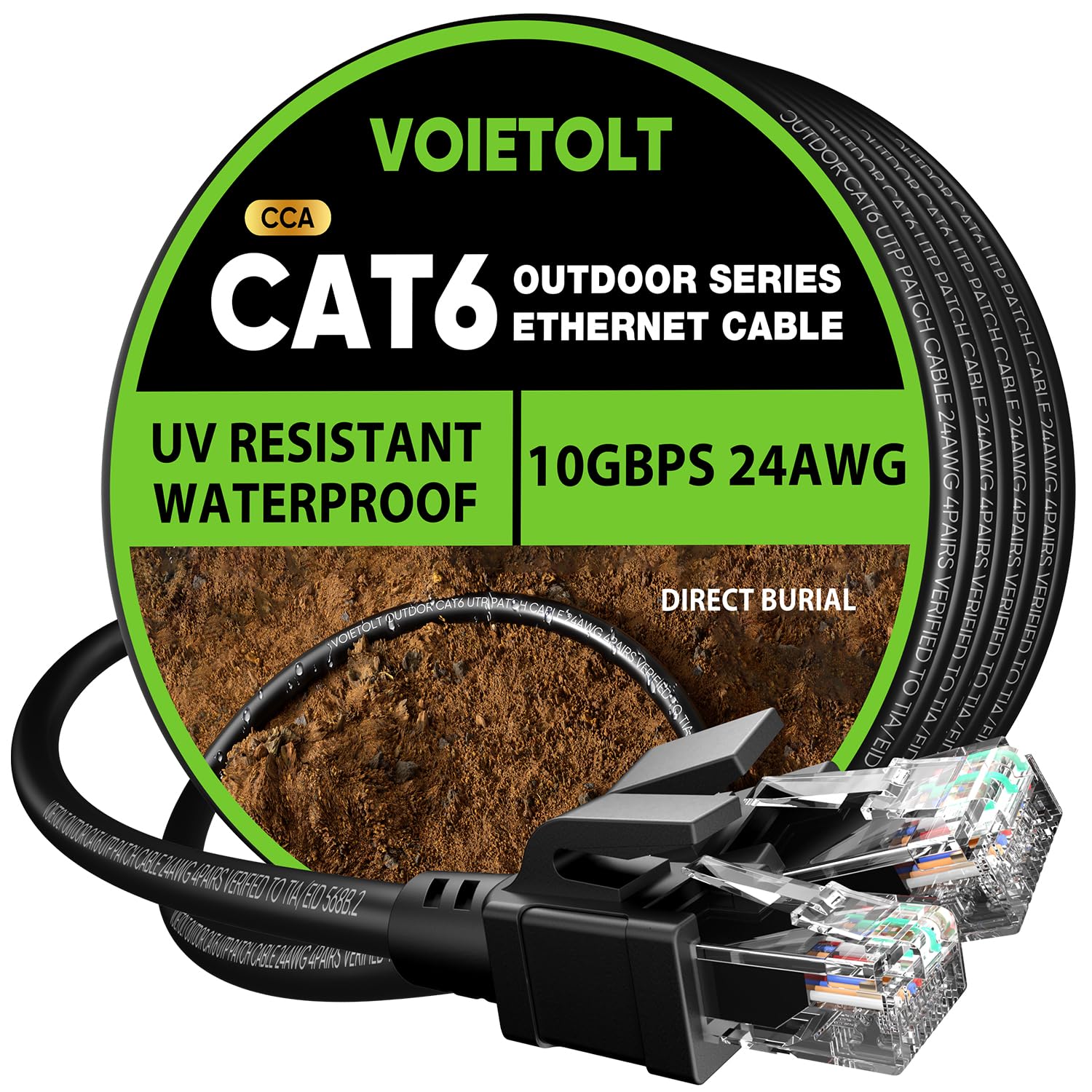 VOIETOLT Outdoor Cat 6 Ethernet Cable 35m, Water Resistant Direct Burial LLDPE UV Jacket - 24AWG 10Gbps High Speed Gigabit Internet Network Cable -