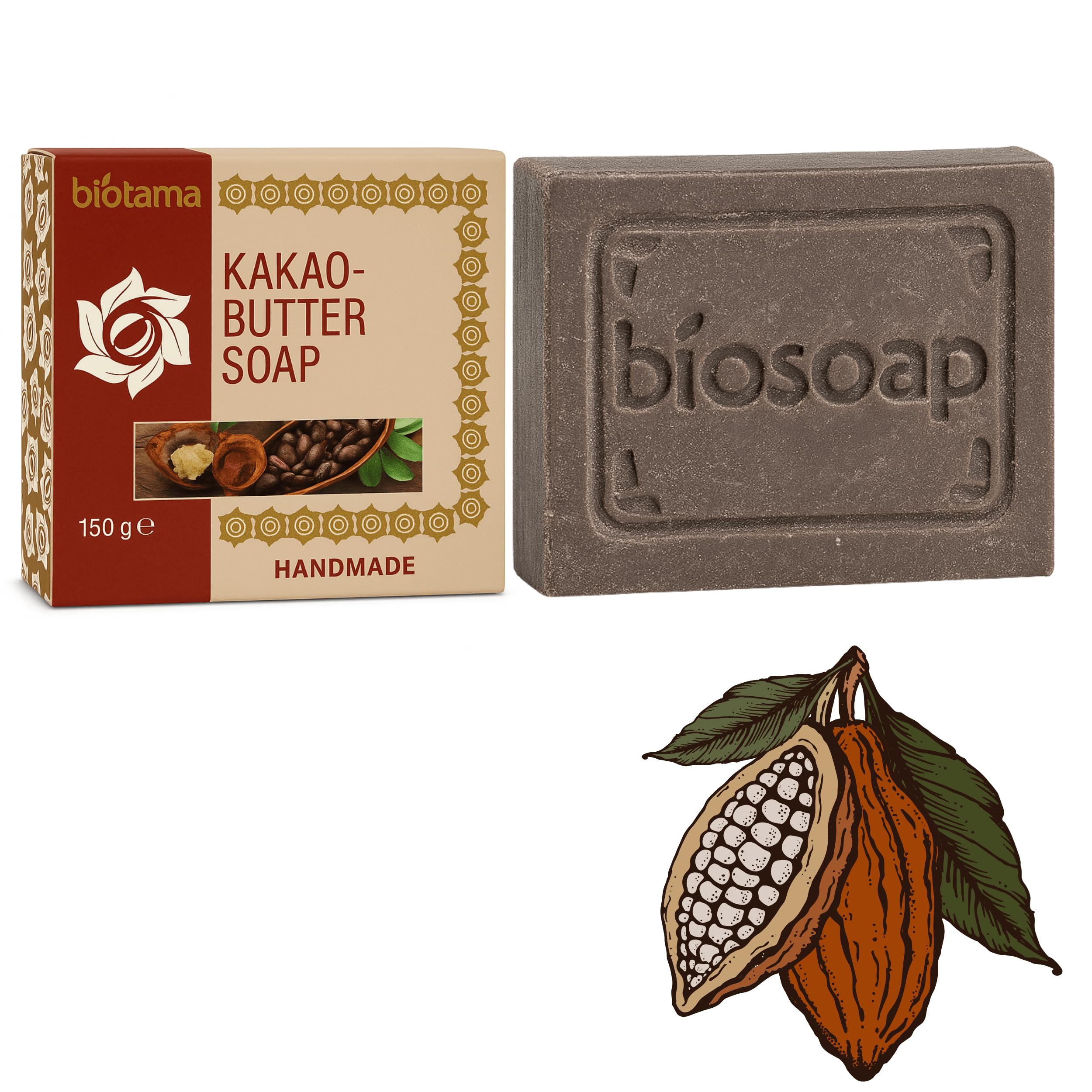 150 g Handmade Cocoa Butter Soap with Real Cocoa Butter - No Plastic - Natural Care for Skin & Body, Hand Soap, Face Soap and Body Soap - Men and