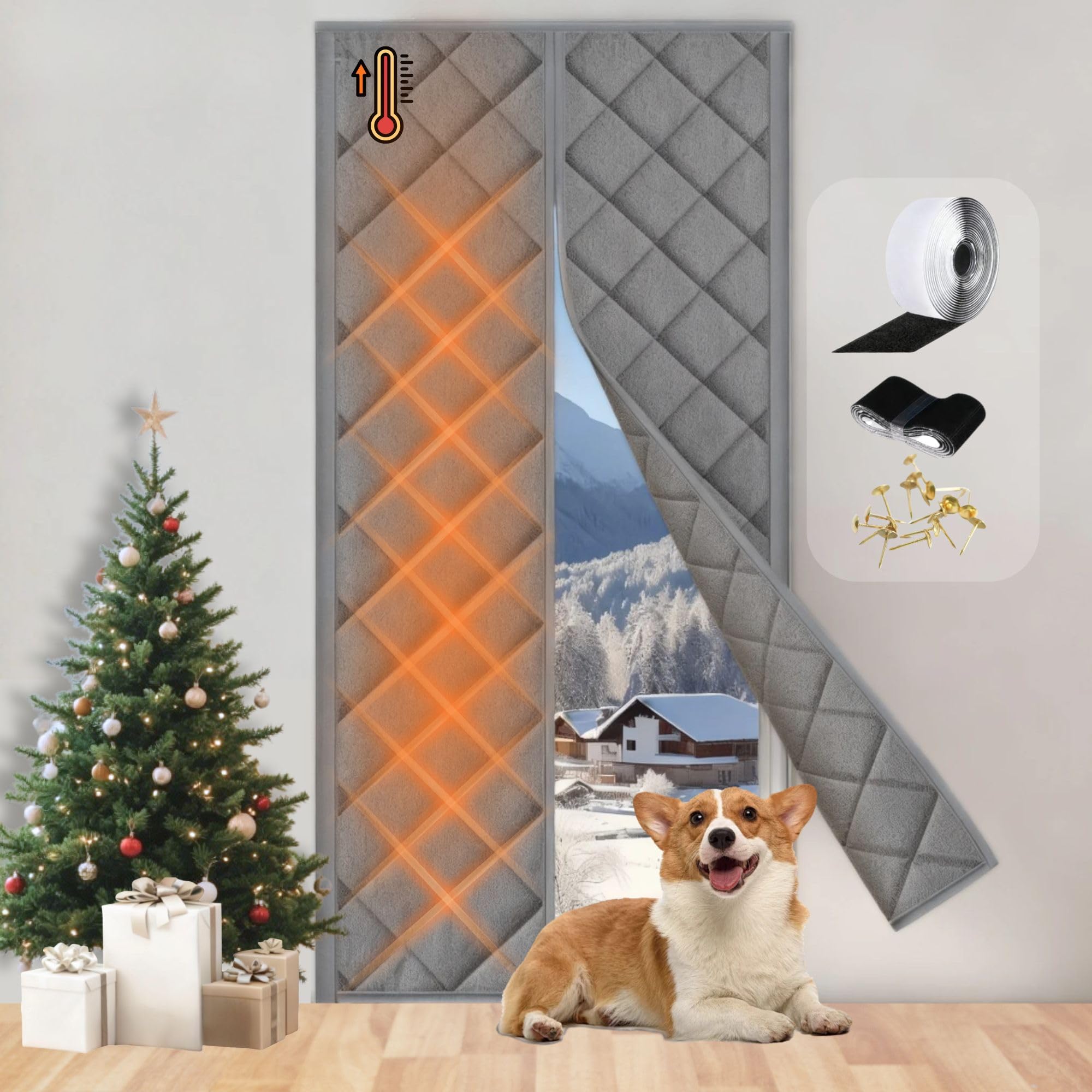 PJExim Thermal Door Curtain Magnetic 90?210CM, 3 Layers Thickened Windproof Waterproof, Insulated Door Curtain Closed by Magnets for Home Office and