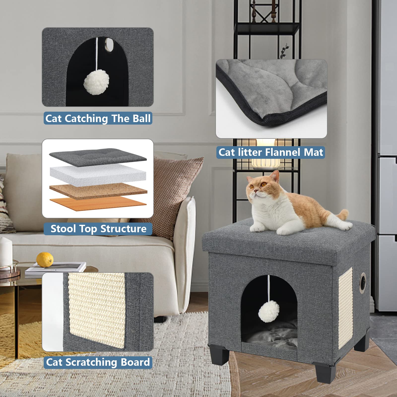 BRIAN & DANY Collapsible Cat Cave for Indoor Cats, Multifunctional Cube Cat House with Cat Scratch Board & Ball, 37.5 x 32.5 x 36 cm, Gray