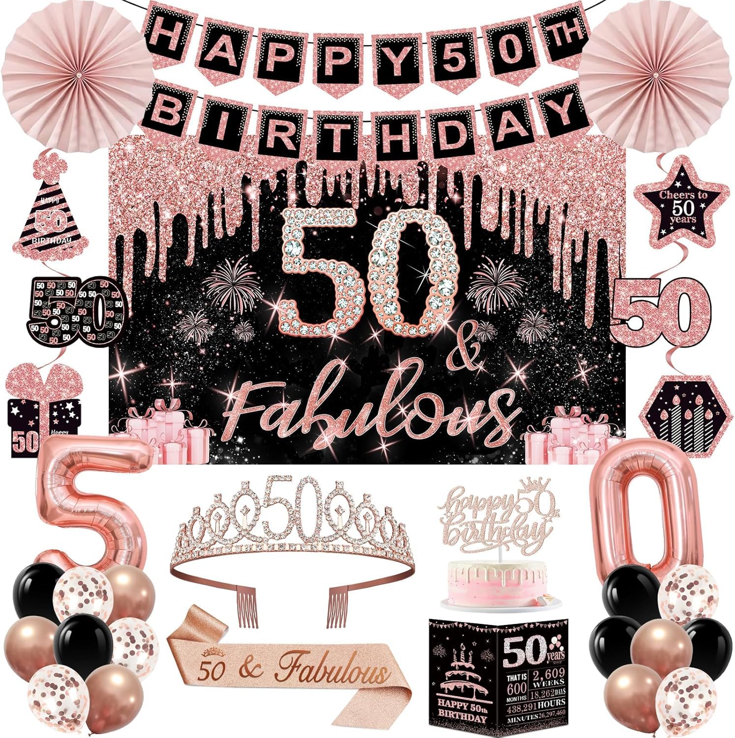 50th Birthday Decorations for Women,32pcs 50th Birthday Party Decorations,Including Backdrop, Crown, Sash, banner, Hanging Swirl,Cake