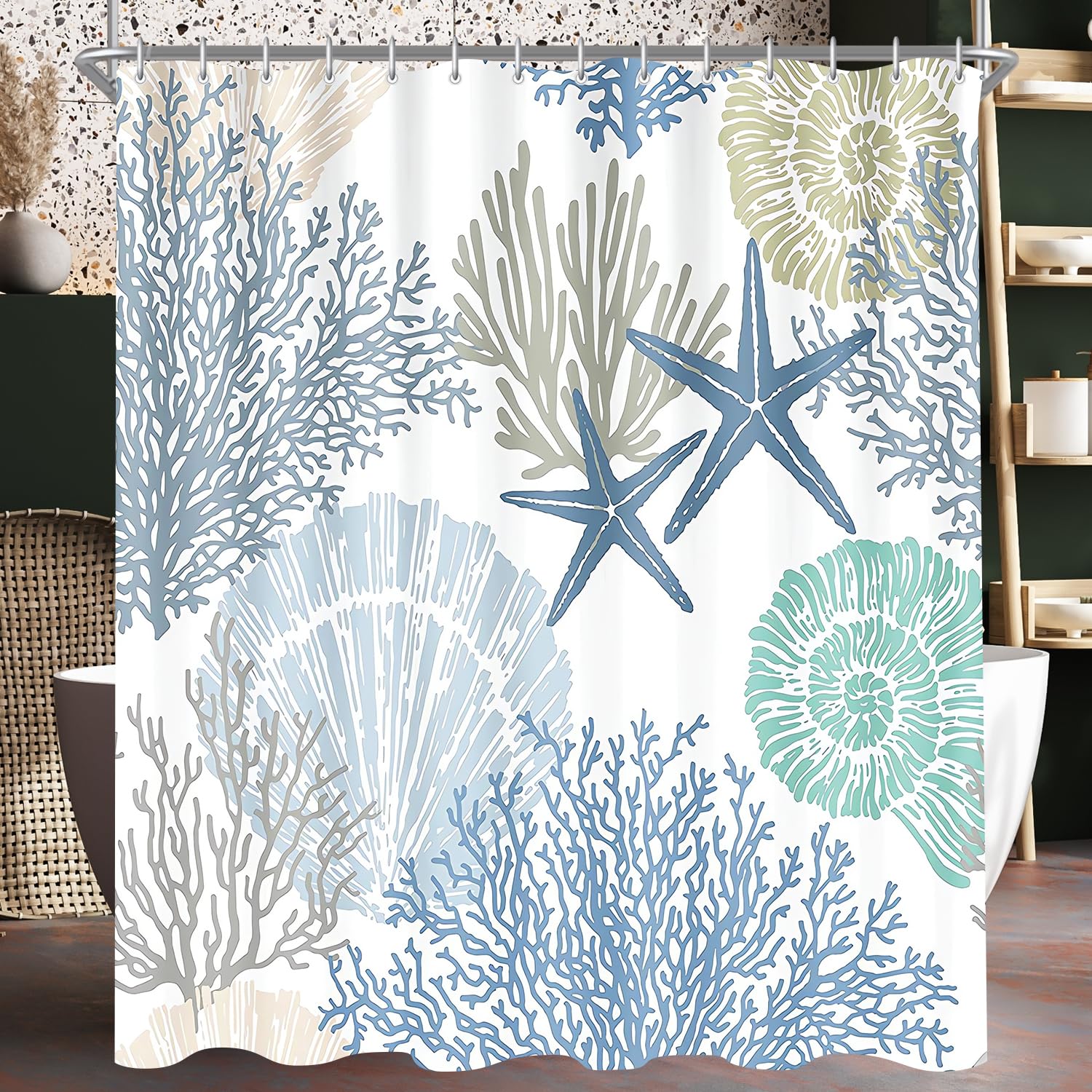 Lerores Shower Curtain 180 x 180 cm, Underwater Algae, Anti-Mould Textile, Weighted Hem, Water-Repellent, Washable Polyester Bath Curtains with 12
