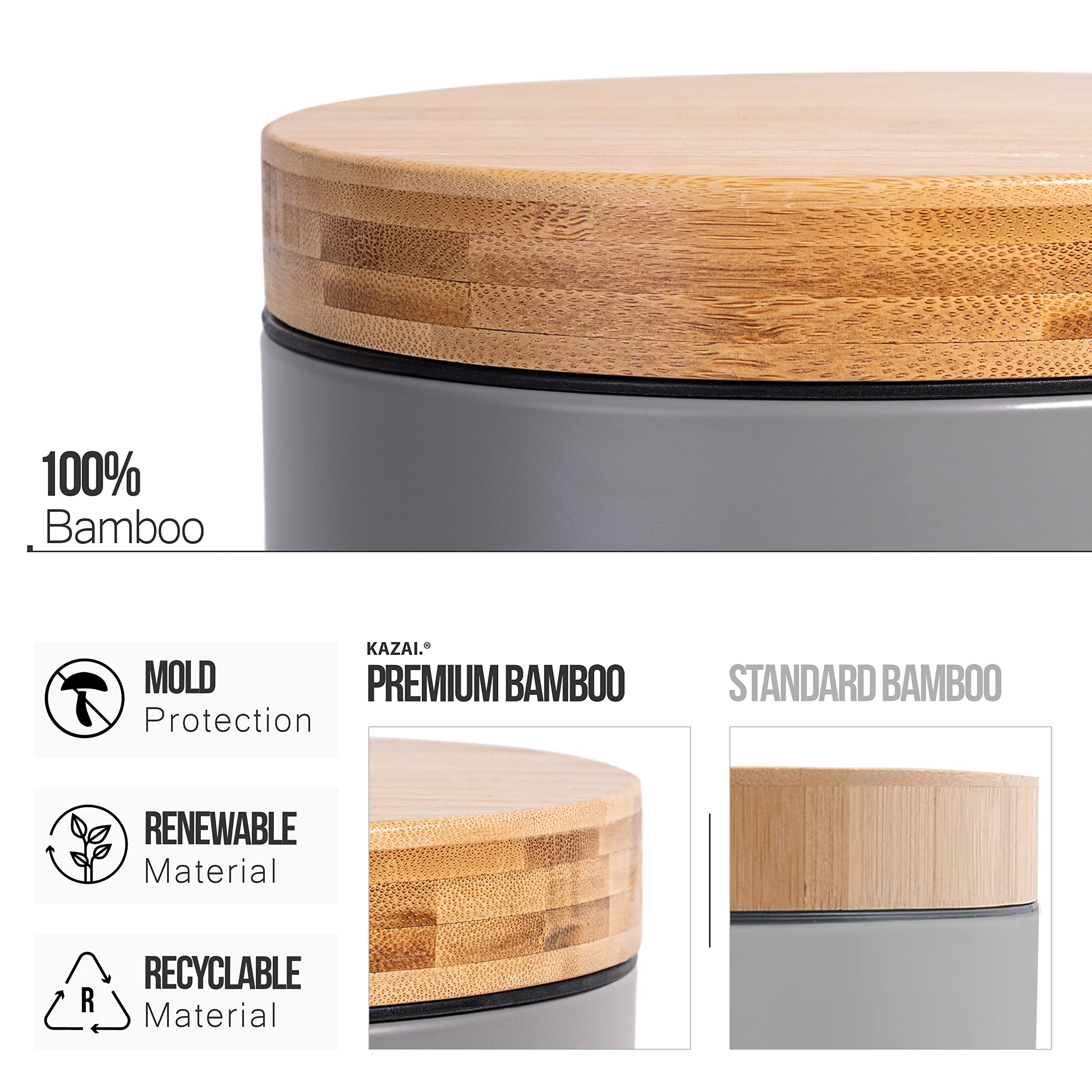 Kazai. 5L Designer Bathroom Bin | Superior Bamboo | Soft Closing | Anti-Finger | Grey