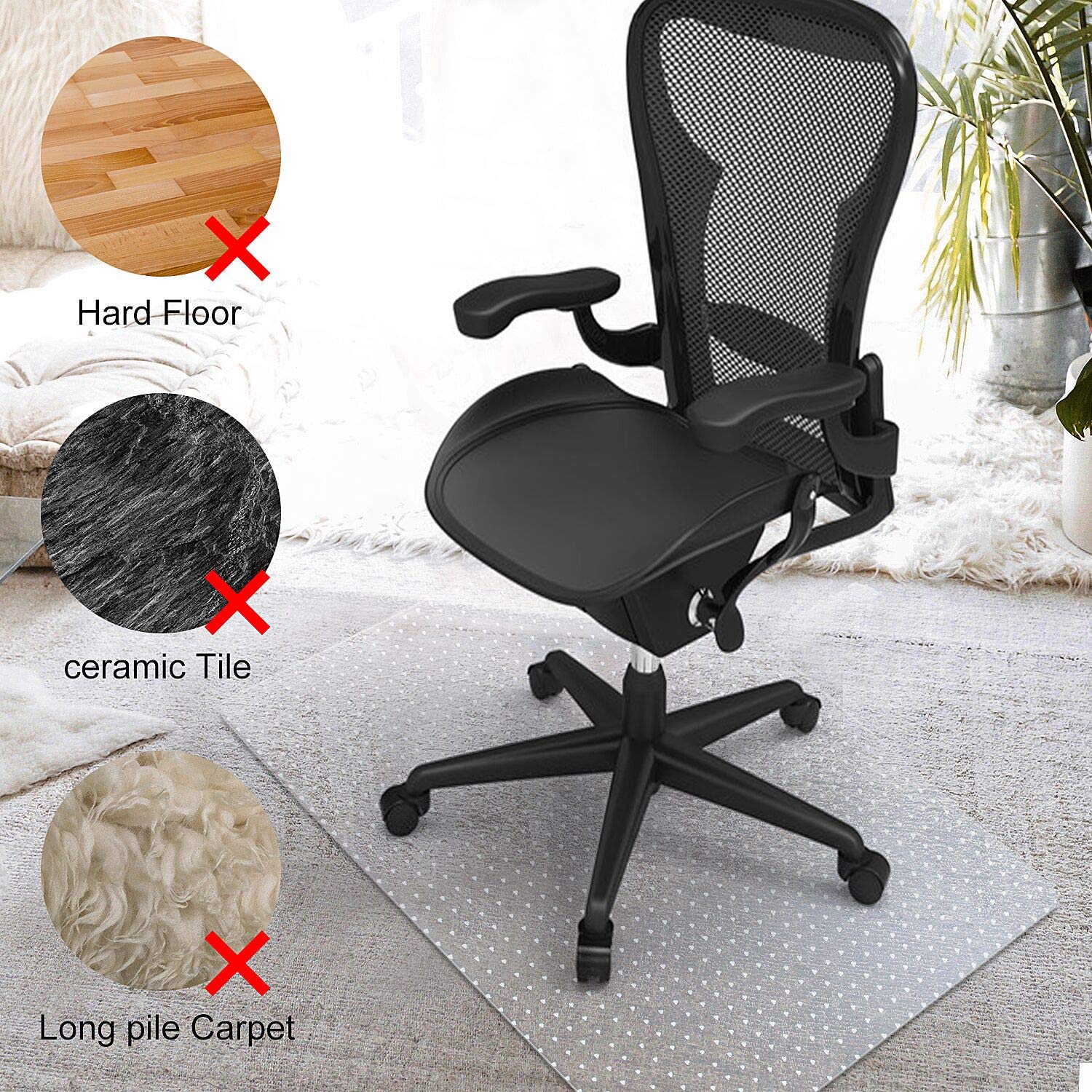 Kuyal Carpet Chair Mat, 48" x 36" PVC Home Office Desk Chair Mat for Floor Protection, Clear, Studded, BPA Free Matte Anti-Slip