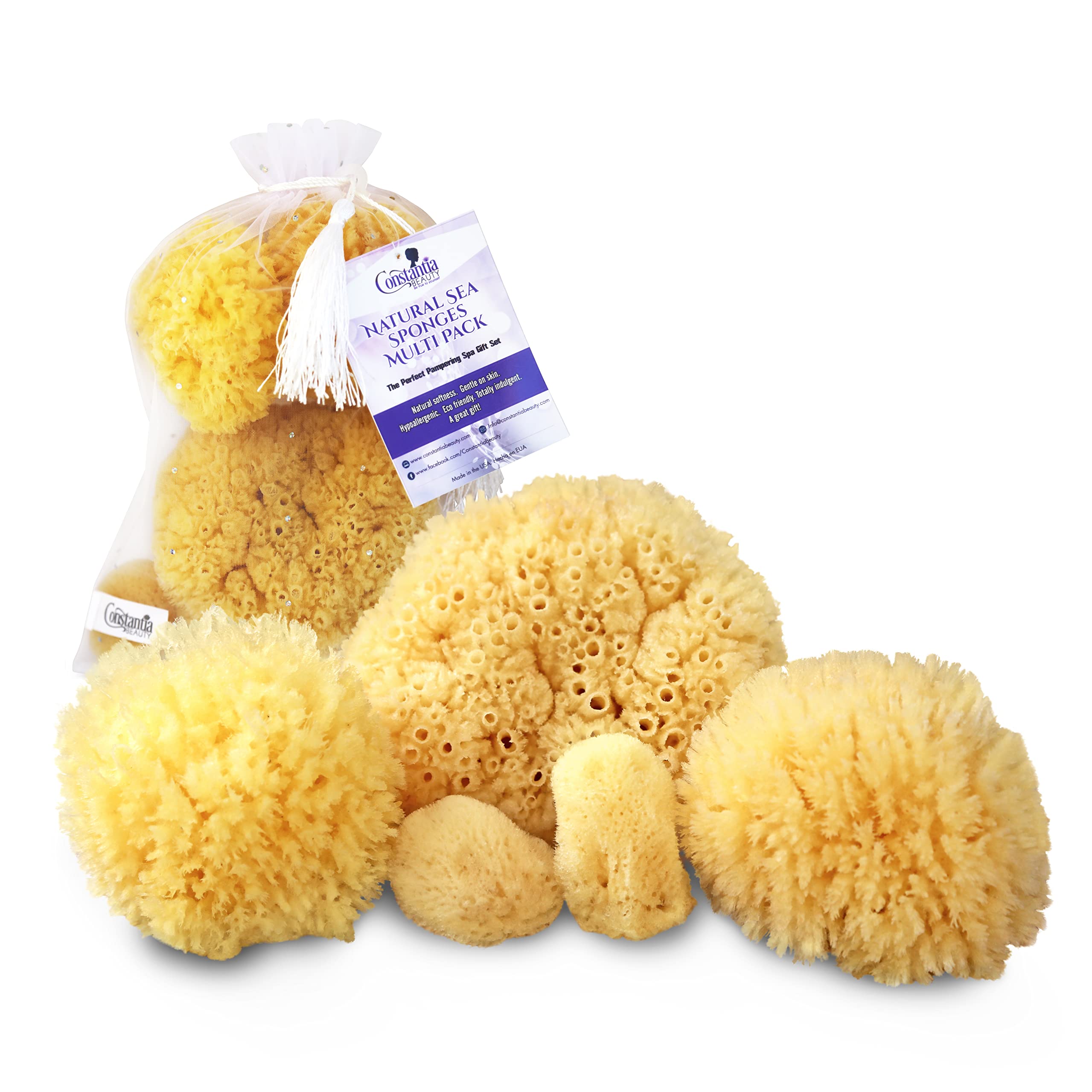 Natural Sea Sponges for Bathing: 5pc Gift in Premium Bag Hypoallergenic Bath Shower Facial Cleaning Pamper Mums Brides Girlfriends