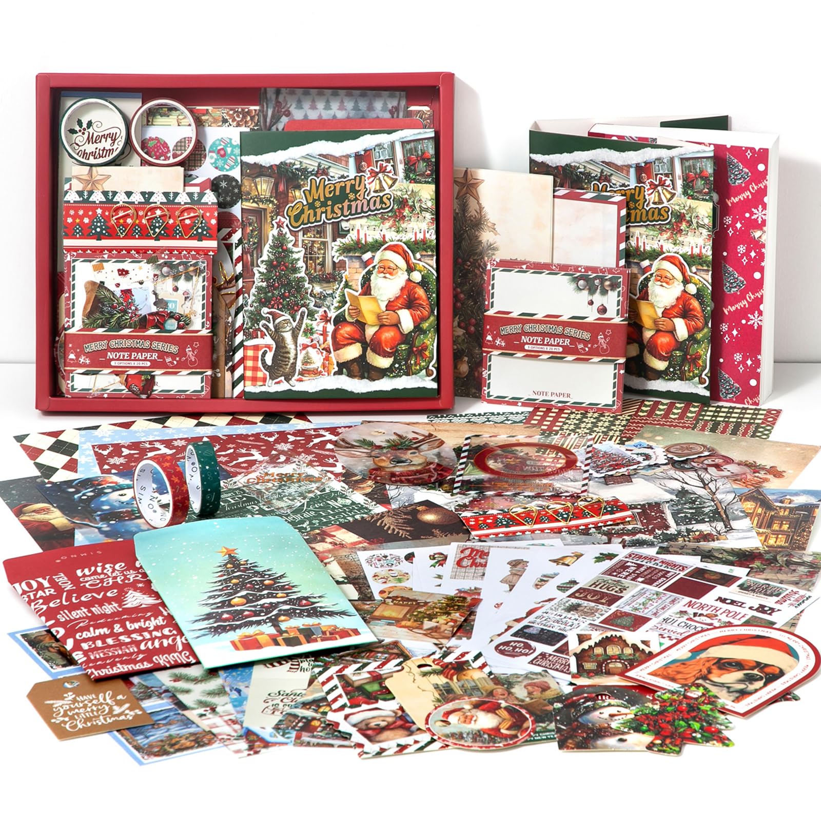 Aesthetic Scrapbook Accessory Set, Red Merry Christmas Aesthetic Bullet Junk Journal Kit with Journaling Accessories, A6 Grid Notebook, DIY Scrapbook